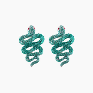 Green glittery snake-shaped earrings on a white background
