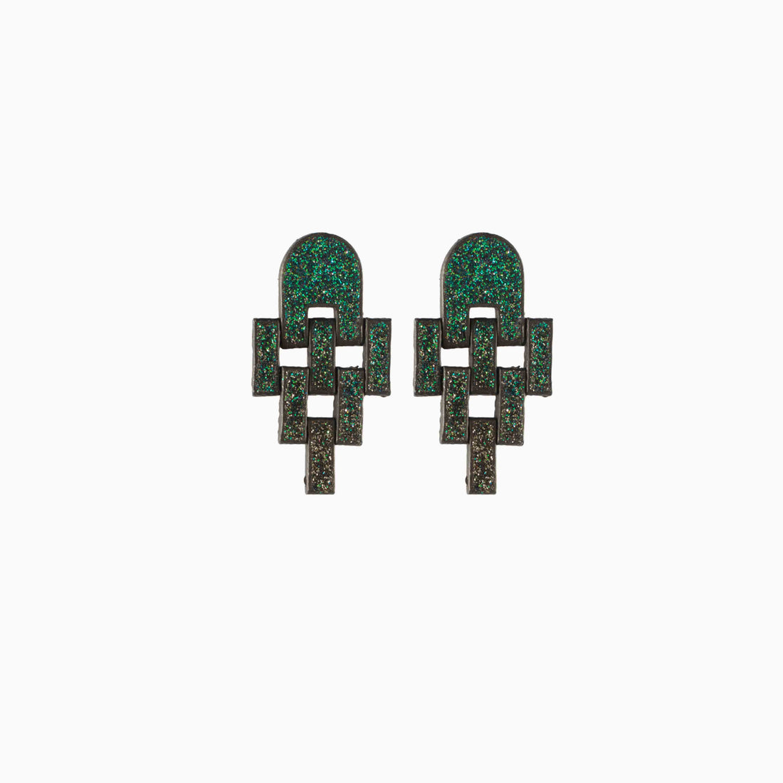 Pair of green geometric earrings on a white background