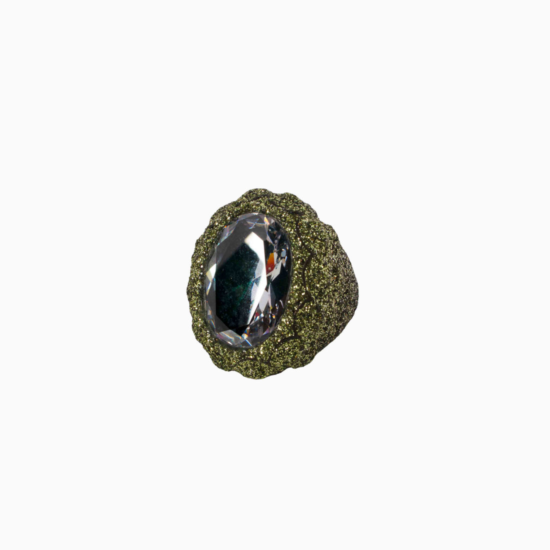 Black stone with a central clear gemstone on a white background