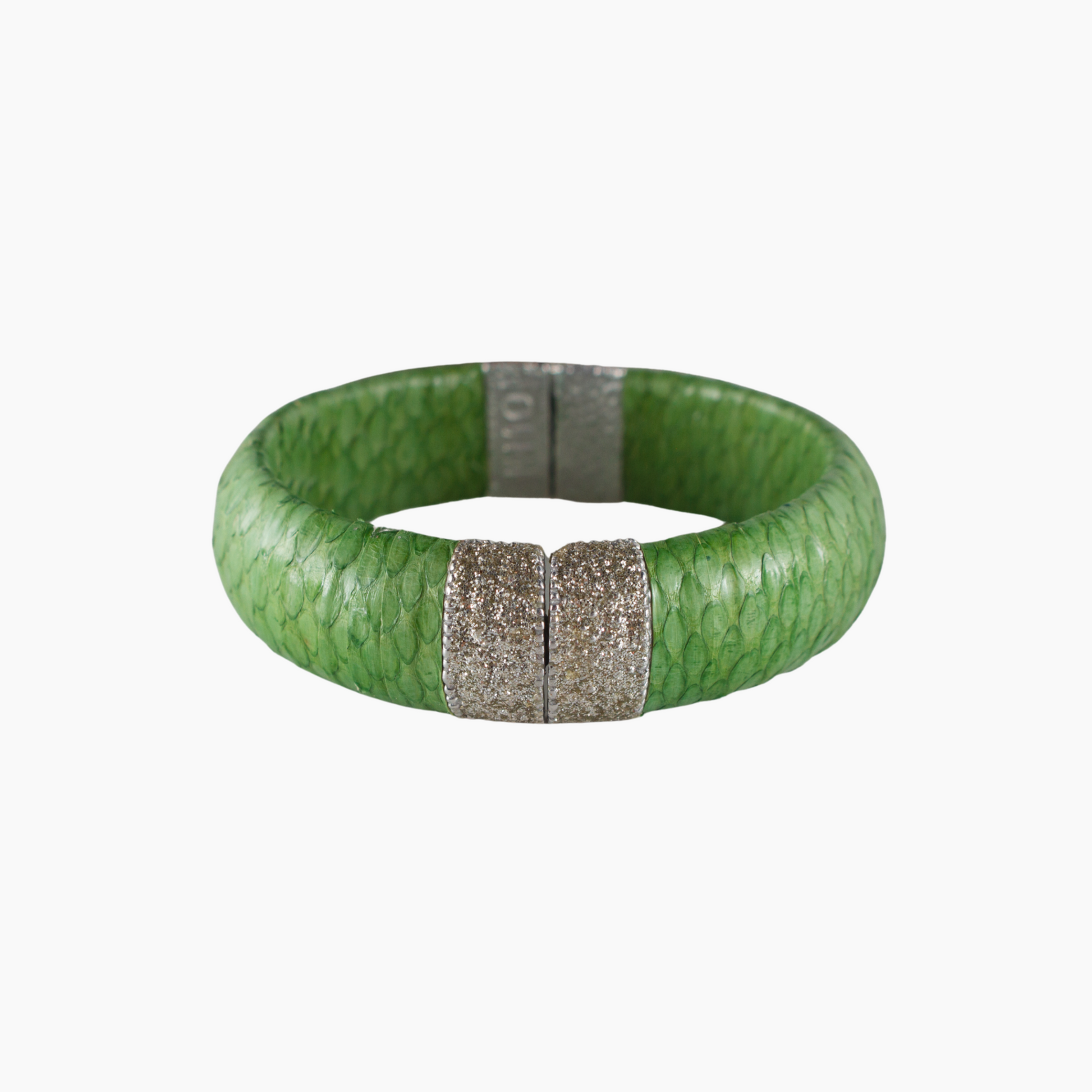 Green bracelet with silver magnetic clasp on a white background
