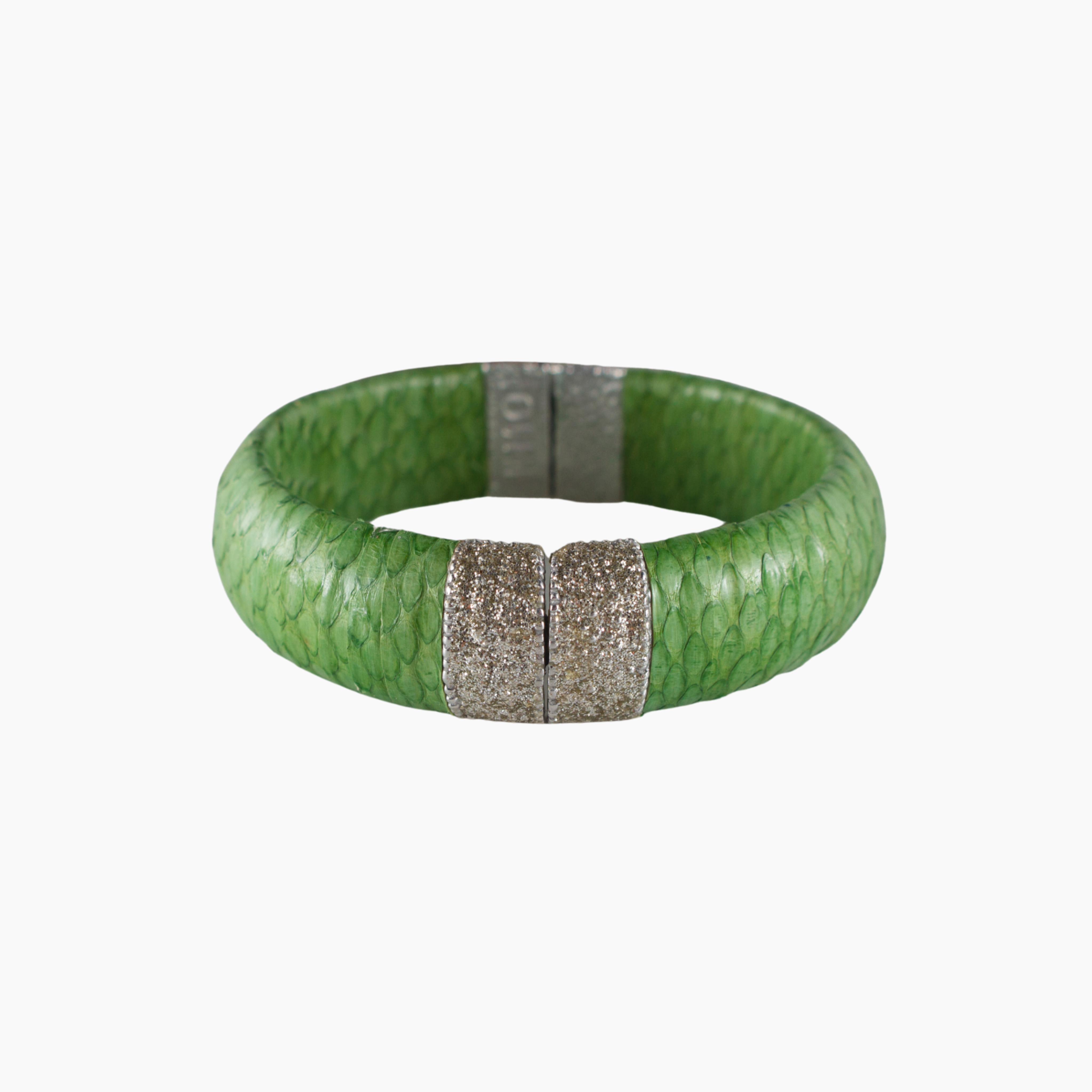 Green bracelet with silver magnetic clasp on a white background