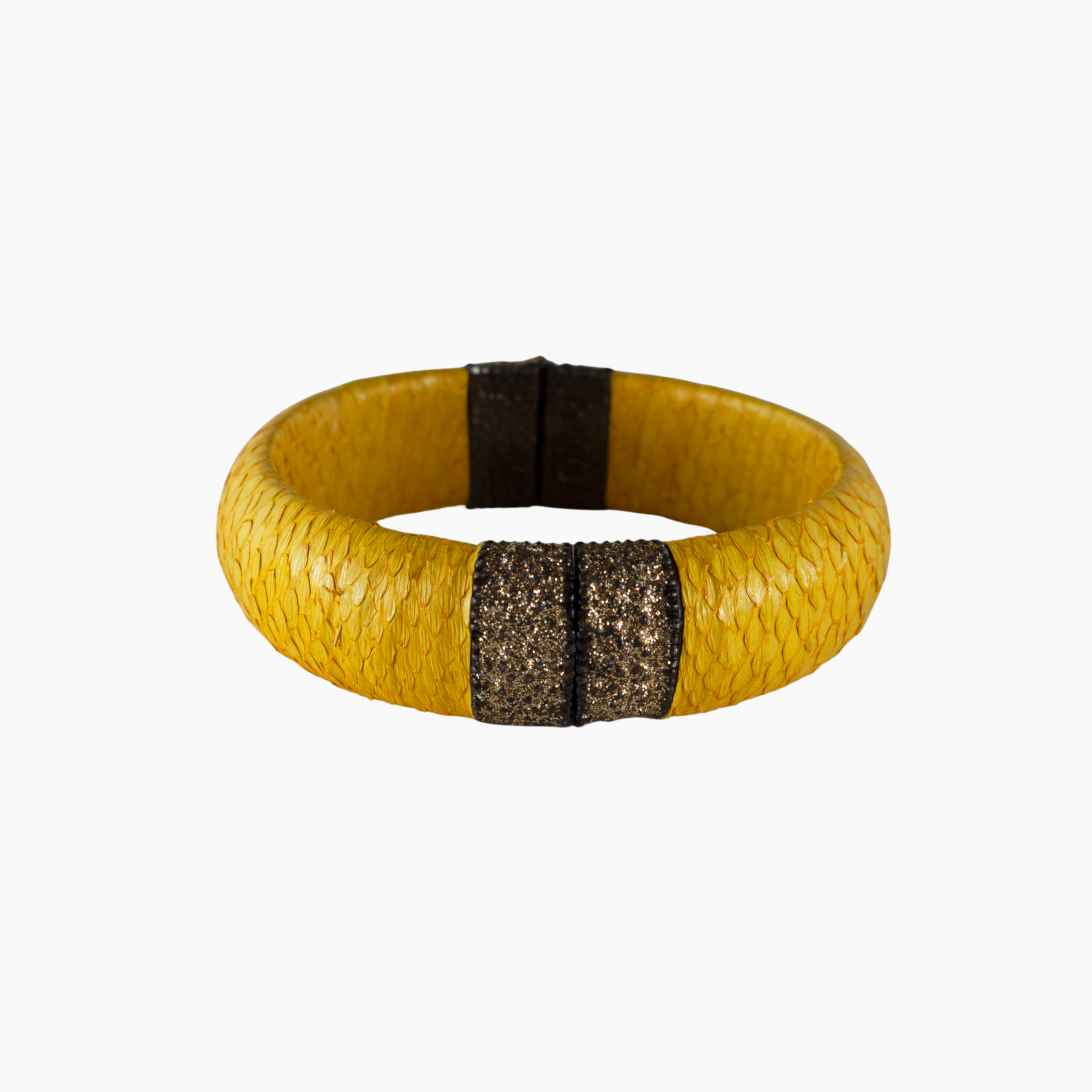 Yellow bracelet with black and brown accents on a white background