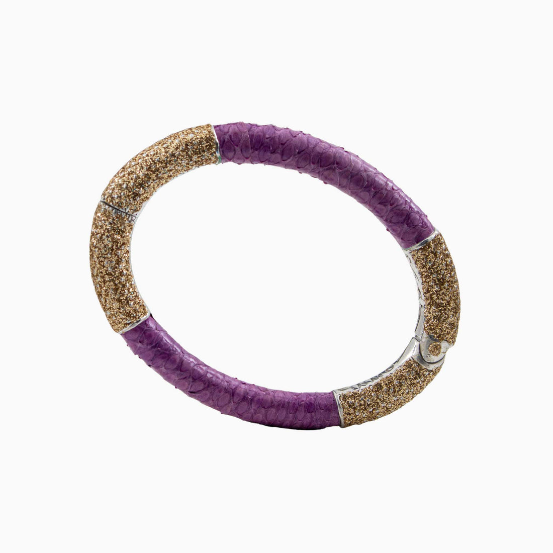 Bracelet with pink and gold glittery band on a white background