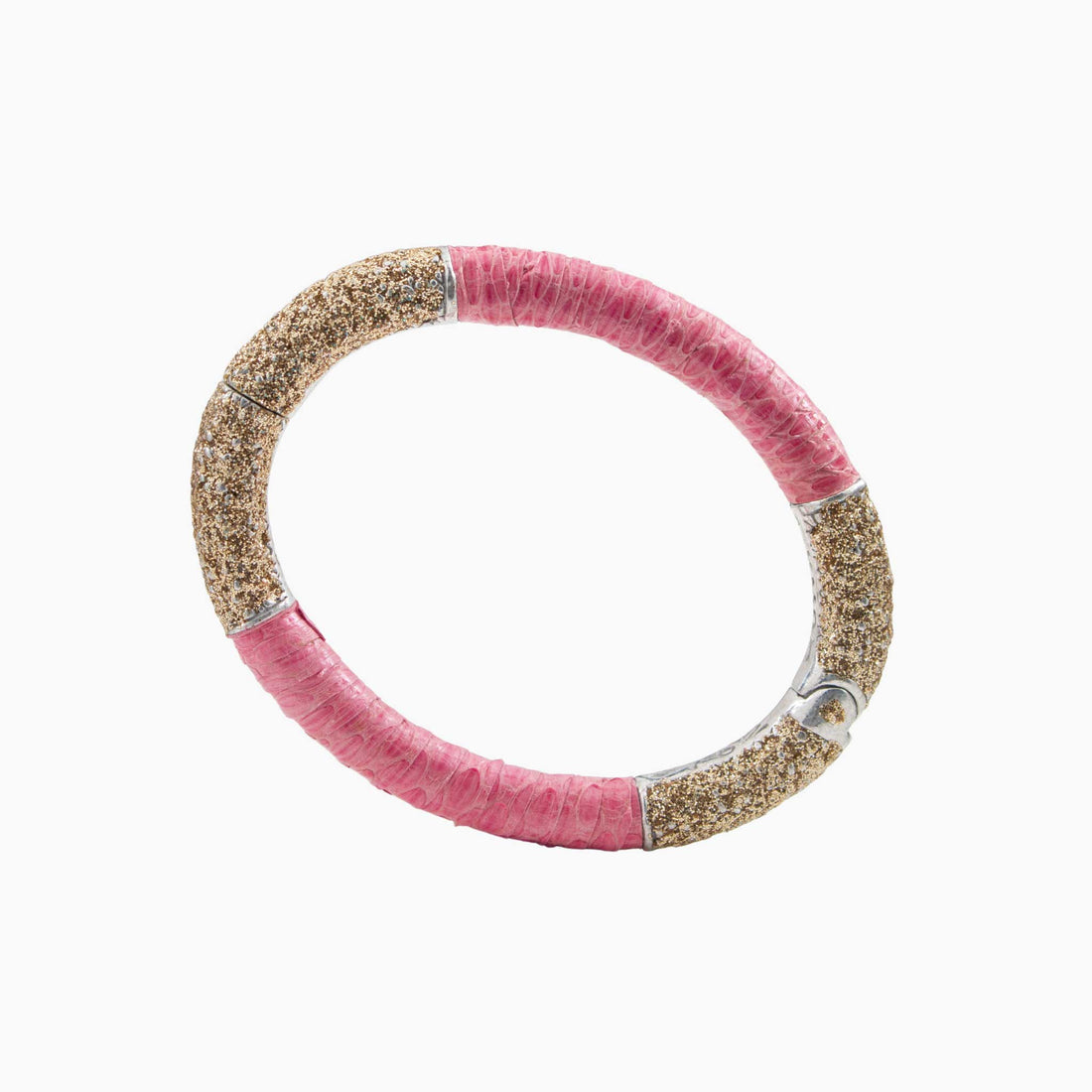 Bracelet with pink and gold glittery band on a white background