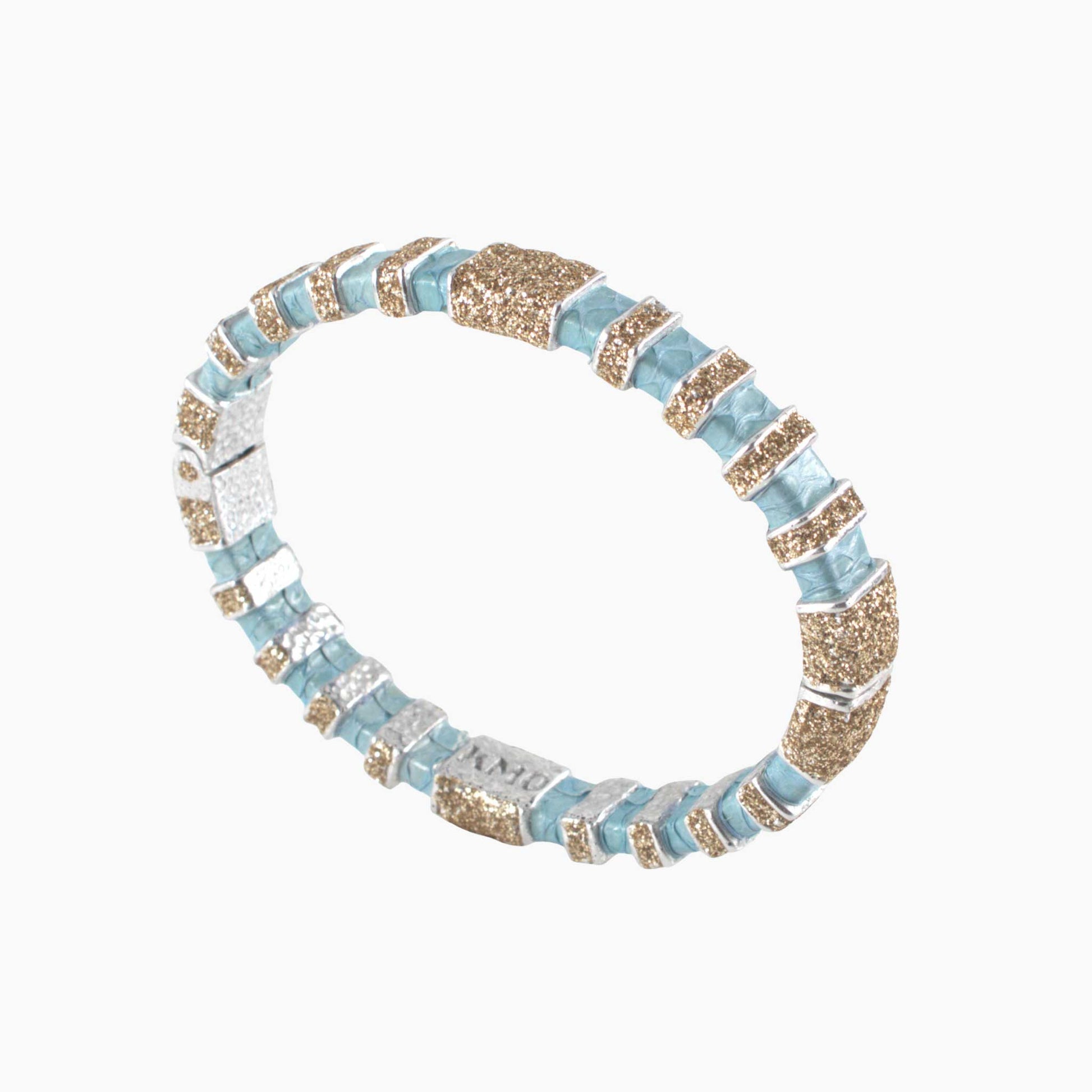 Decorative wreath with blue, gold, and silver striped design on a white background