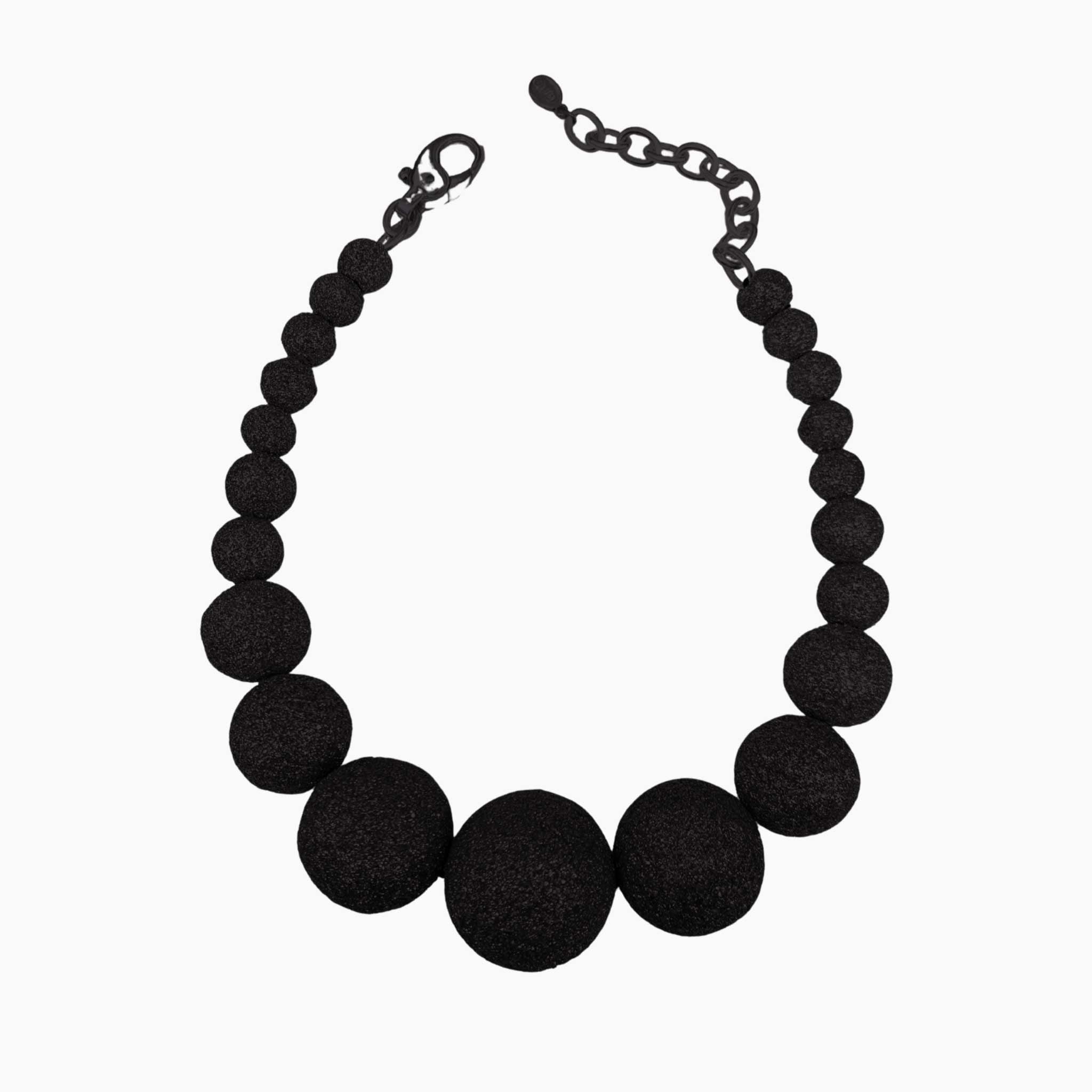 Black beaded necklace on a white background