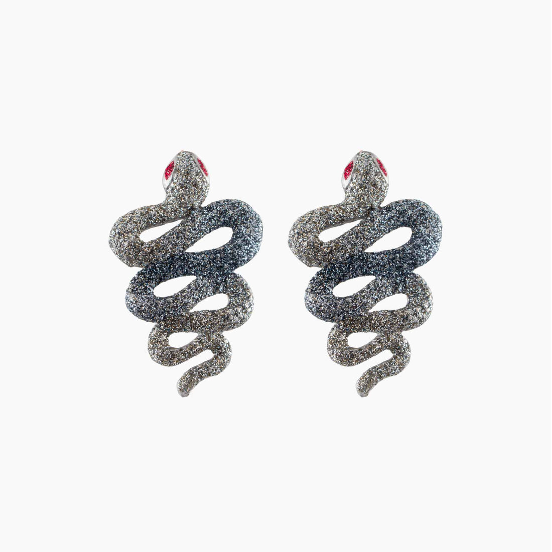 Green glittery snake-shaped earrings on a white background