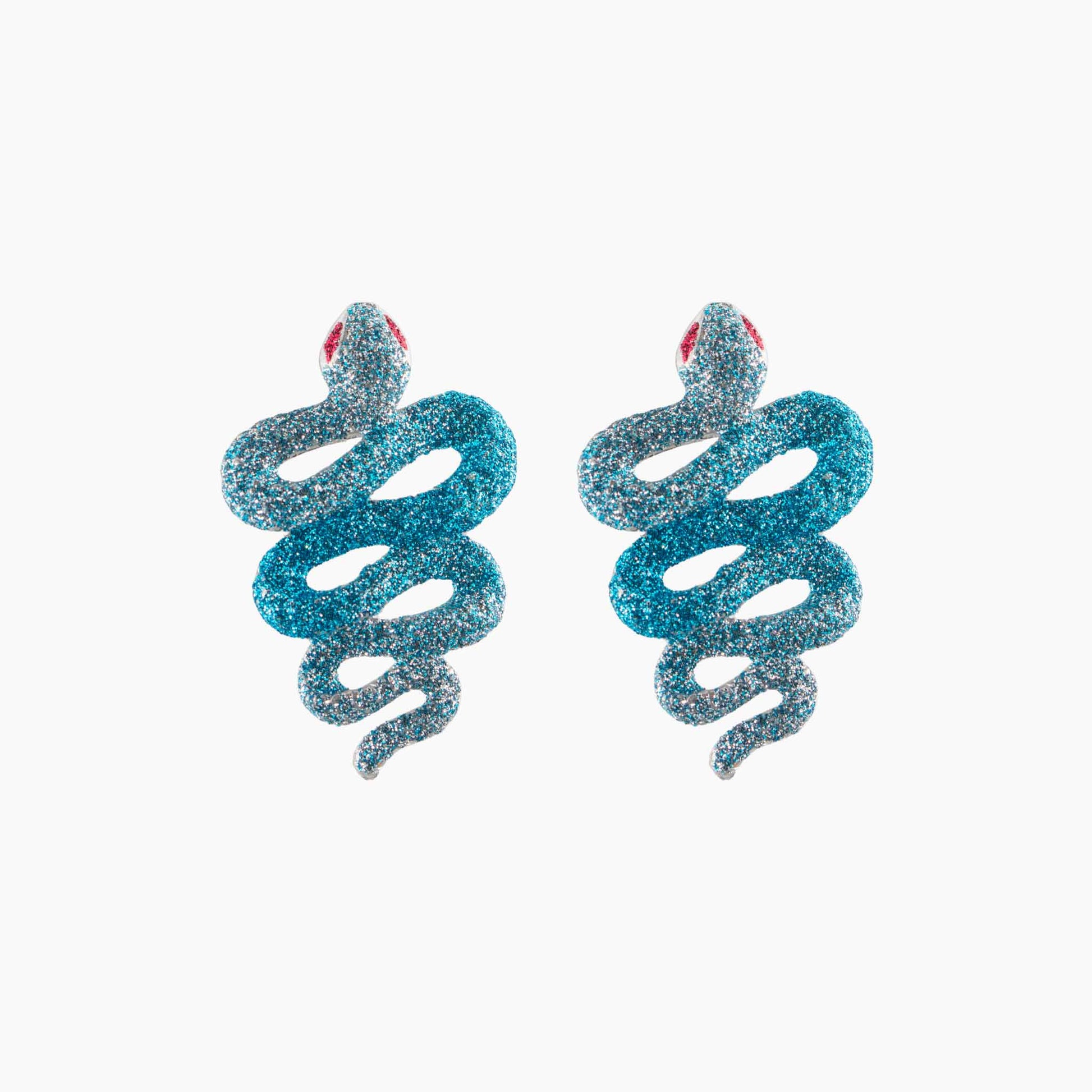 Blue glittery snake-shaped earrings on a white background