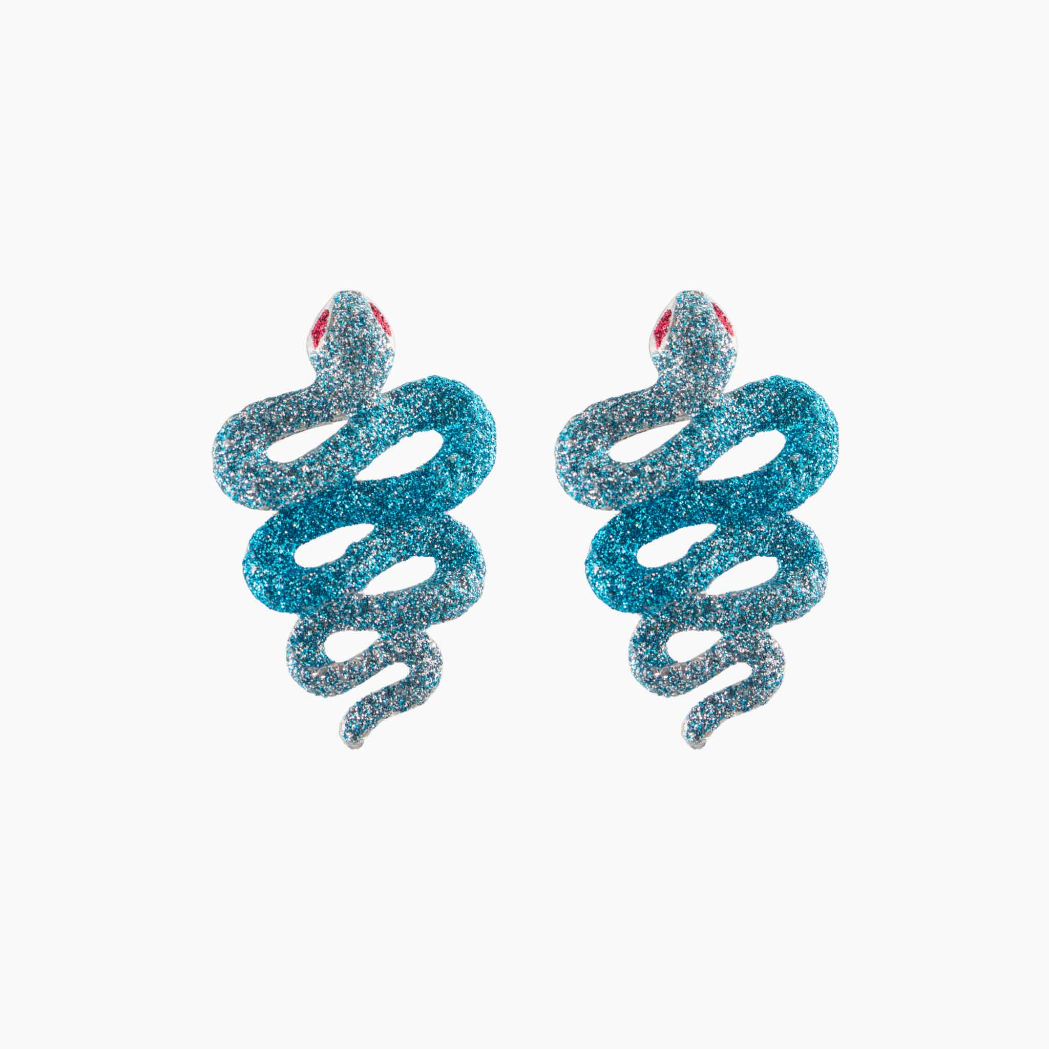 Blue glittery snake-shaped earrings on a white background