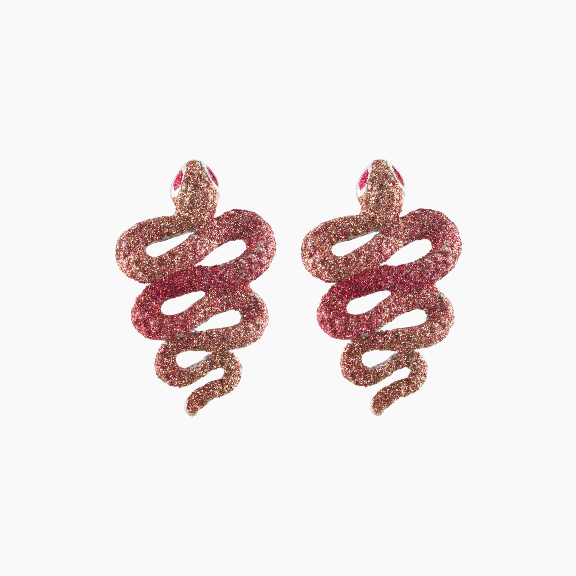 snake-shaped earrings with glittery finish on a white background