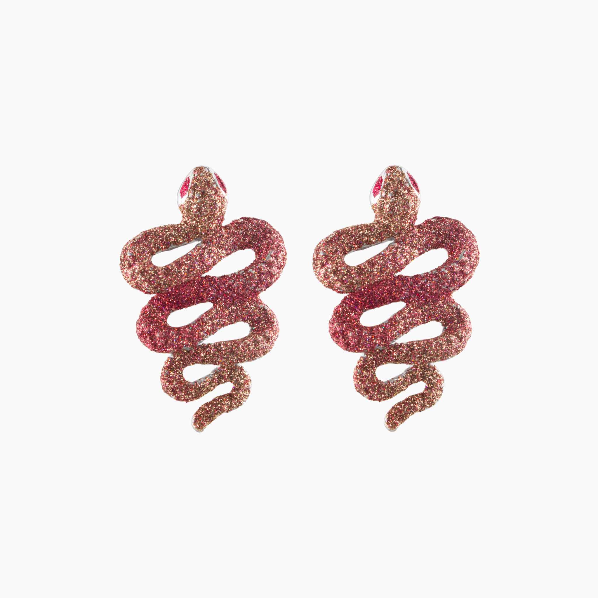 snake-shaped earrings with glittery finish on a white background