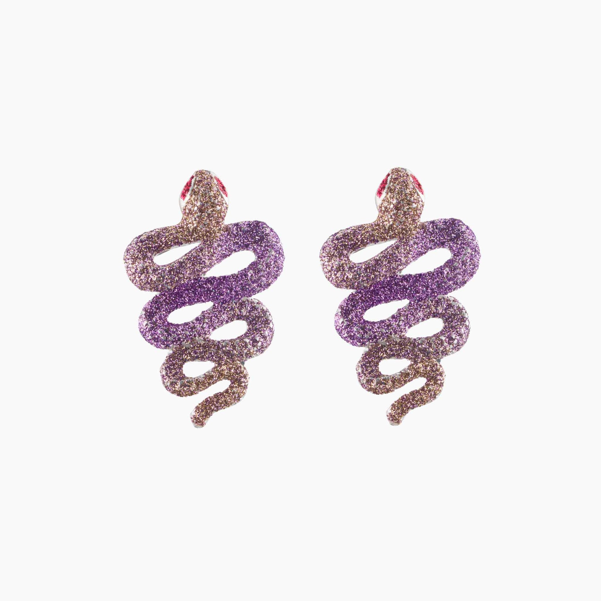 snake-shaped earrings with multicolor glitter on a white background