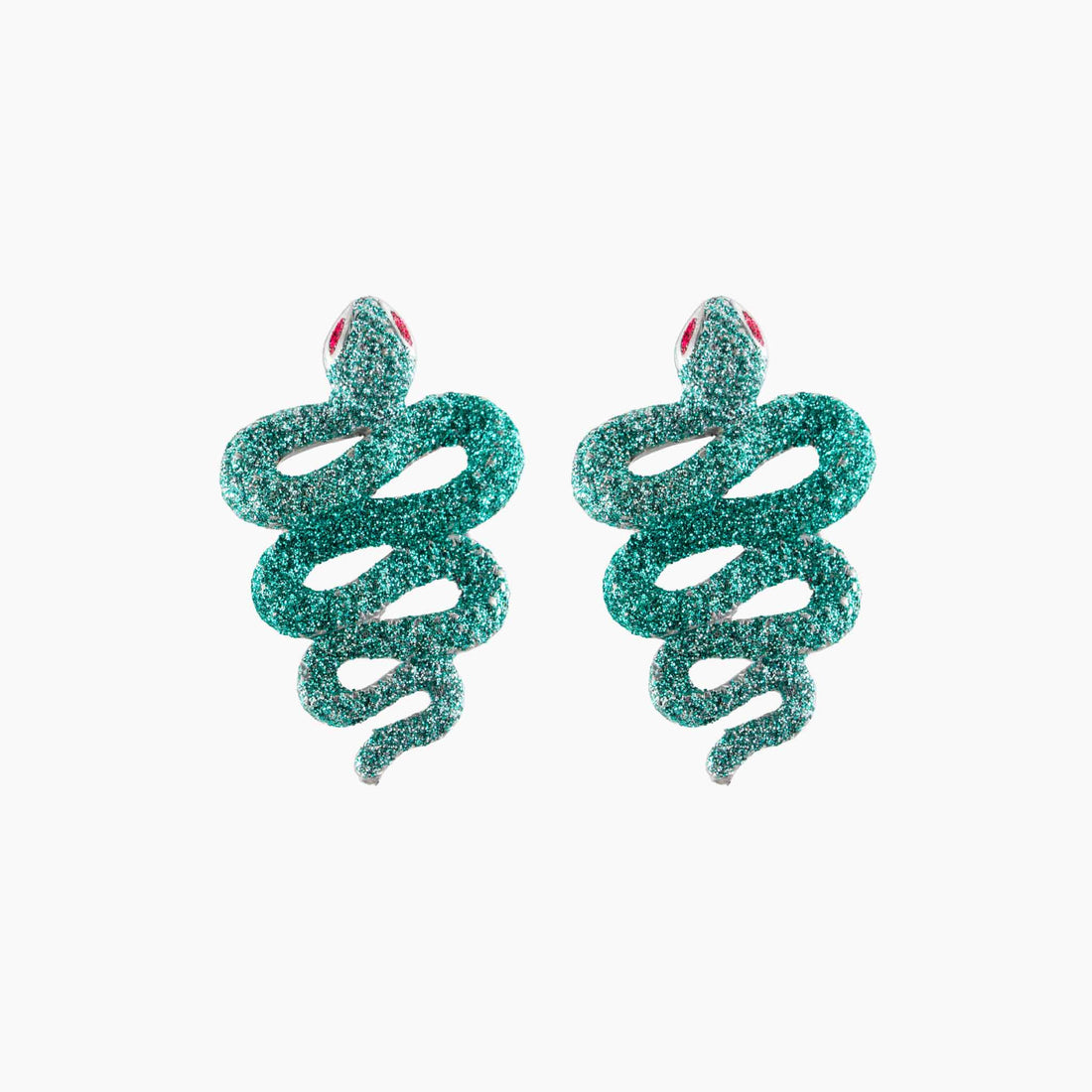 Green glittery snake-shaped earrings on a white background