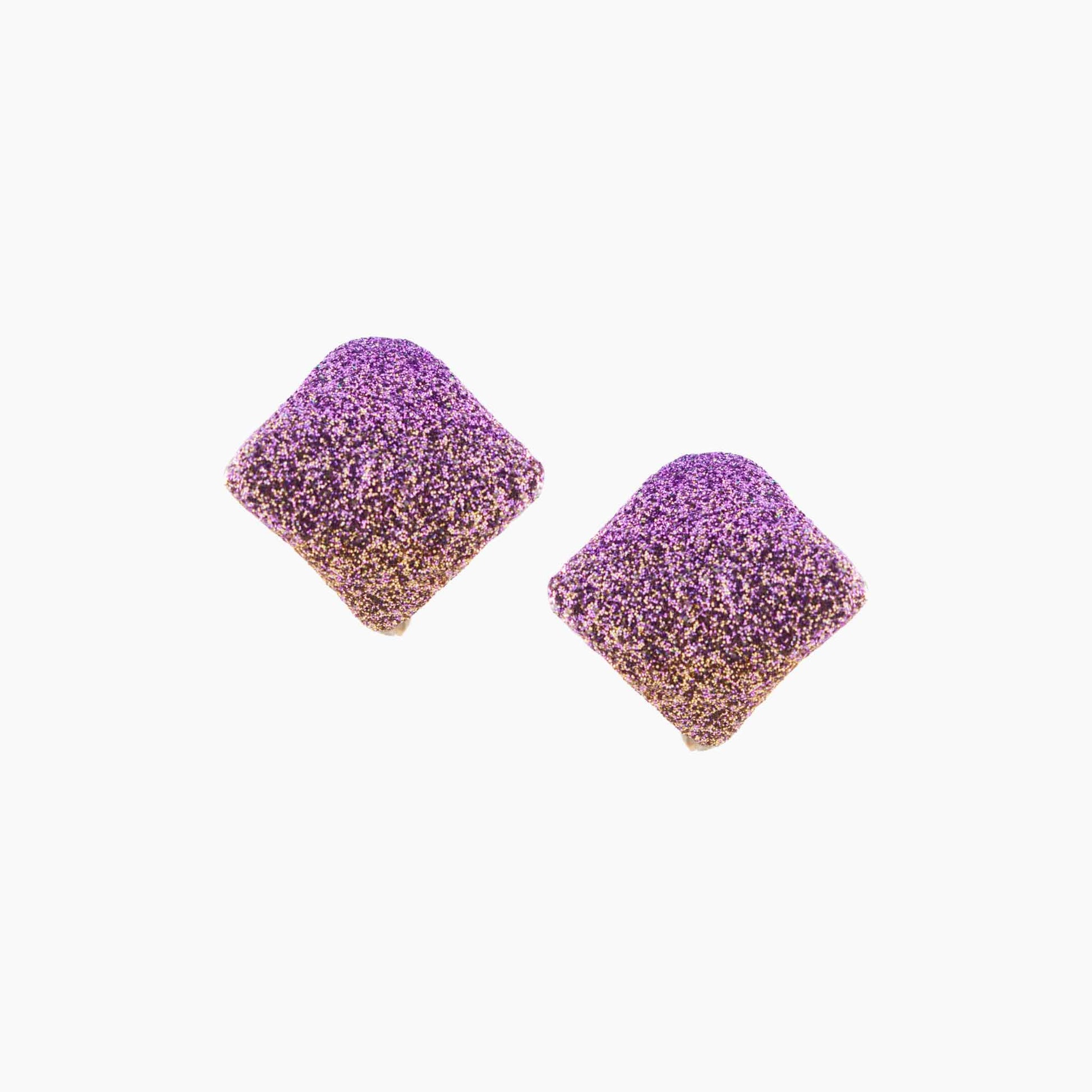Pair of purple and gold gradient earrings on a white background