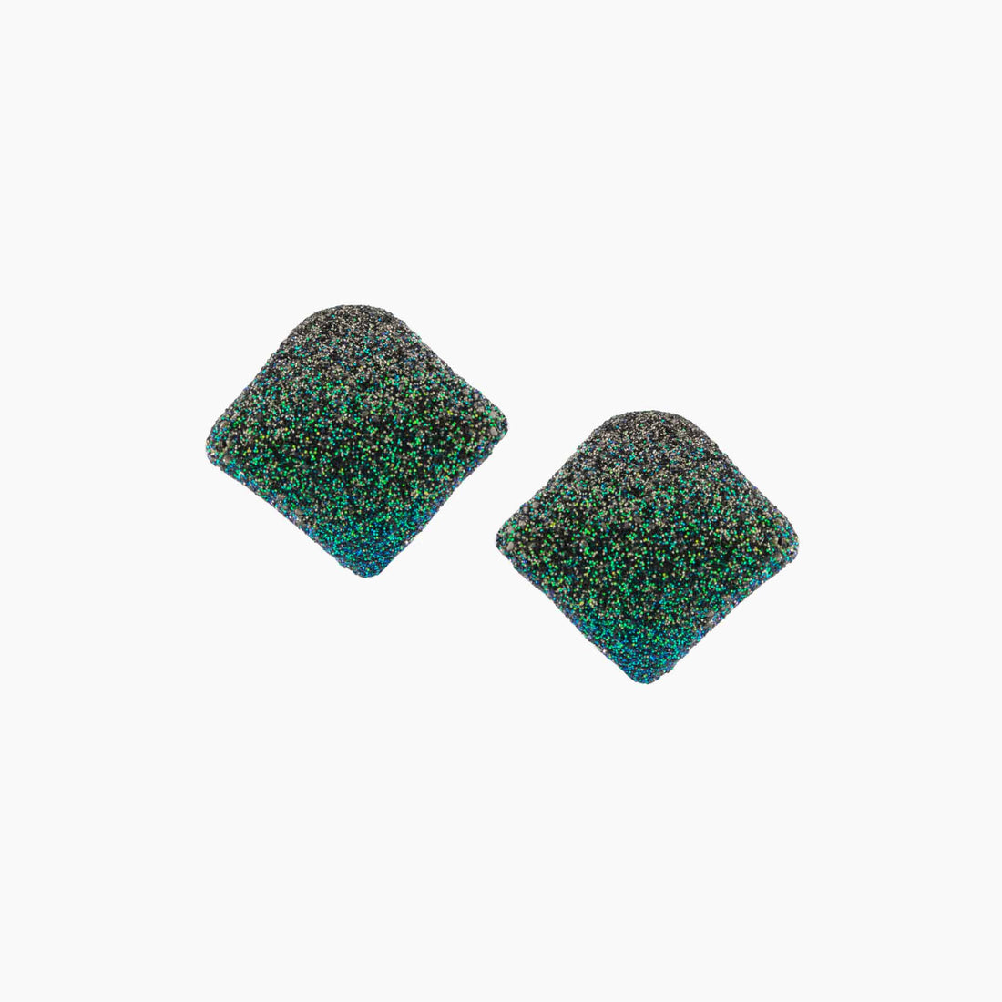 Two textured green and black earrings on a white background