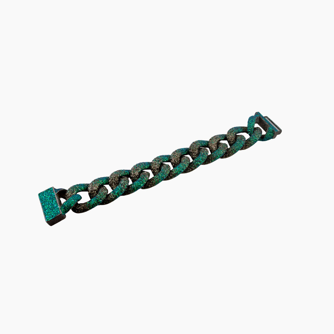 Chain bracelet with green and black links on a white background