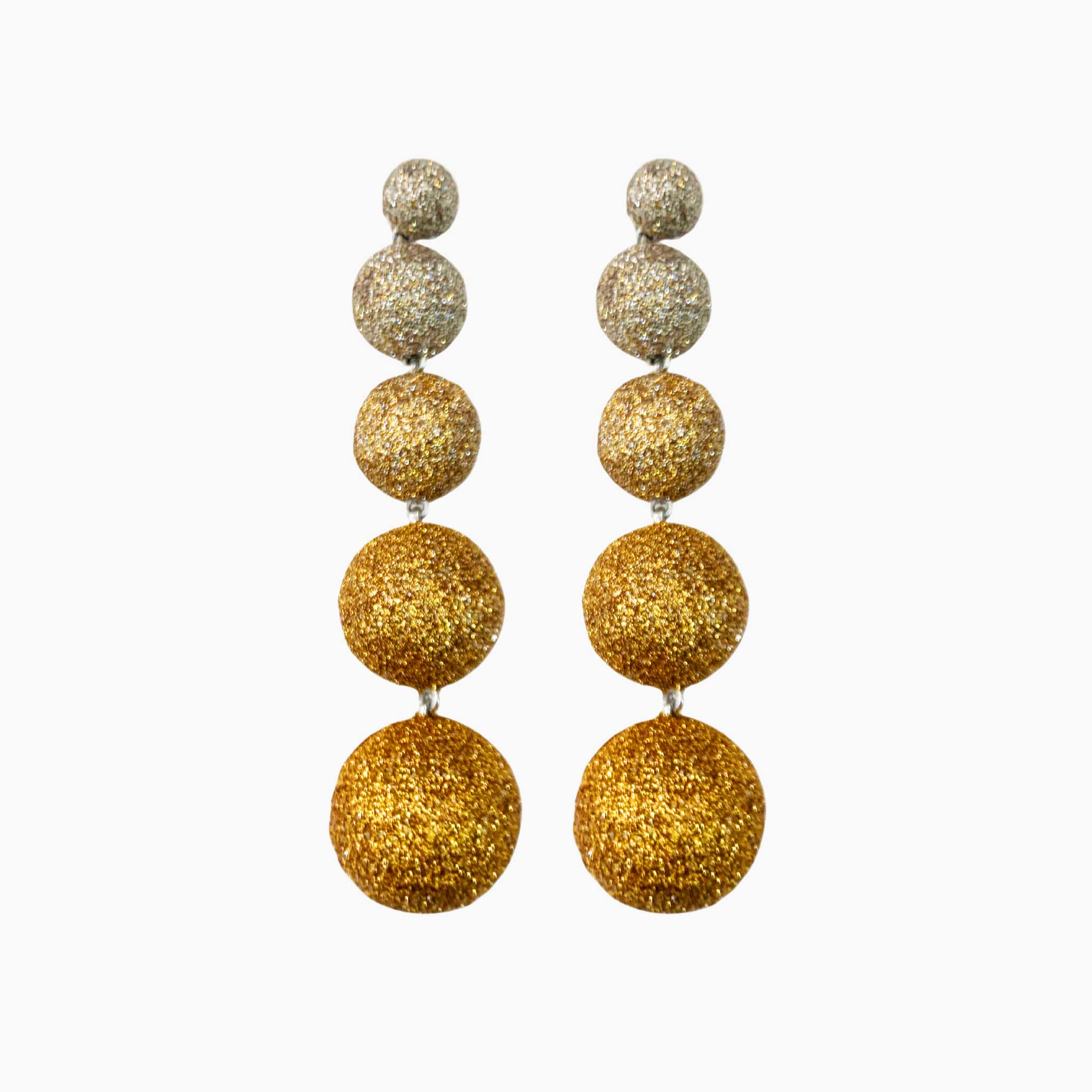 Pair of gold glittery sphere earrings on a white background