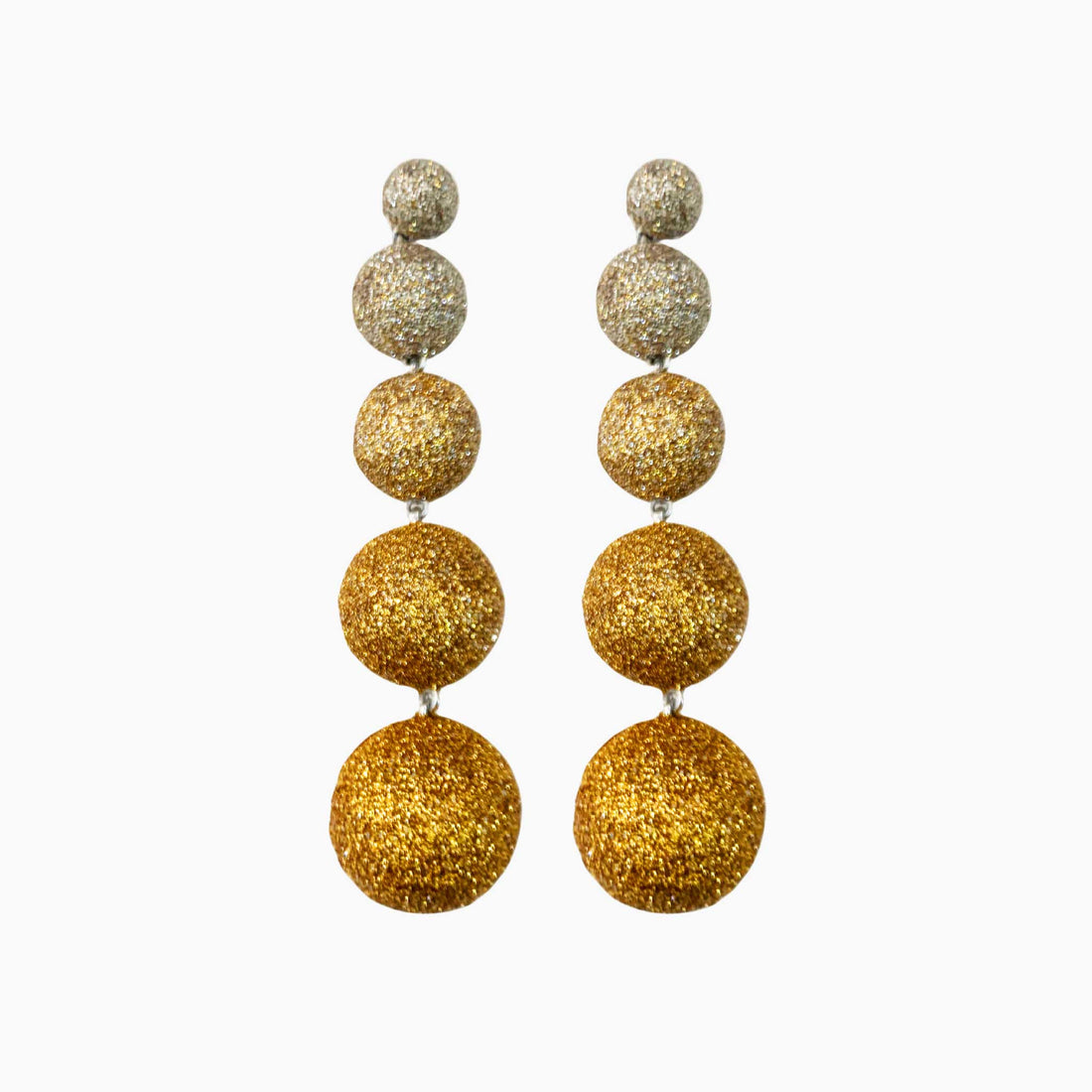 Pair of gold glittery sphere earrings on a white background