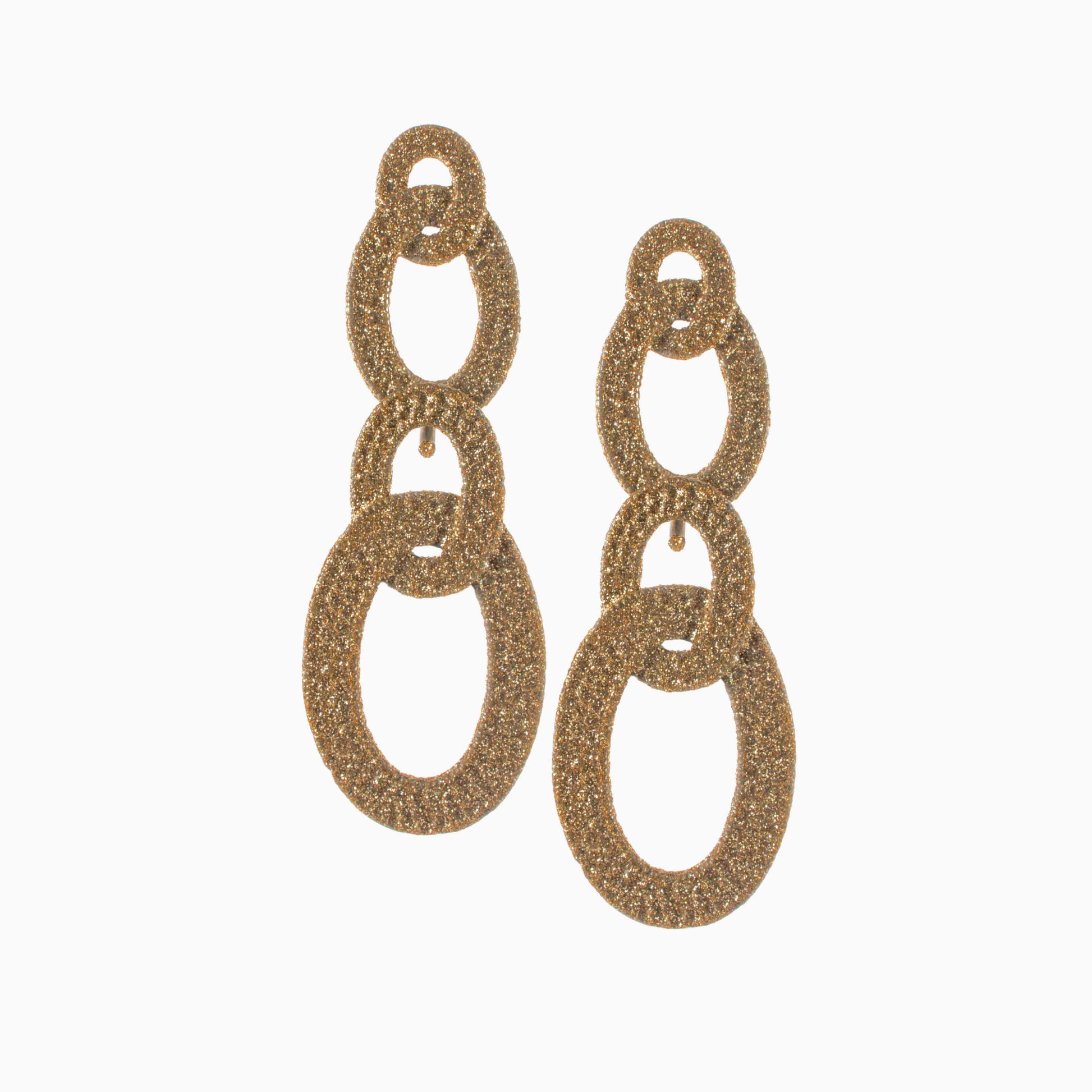 Gold chain-style earrings on a white background