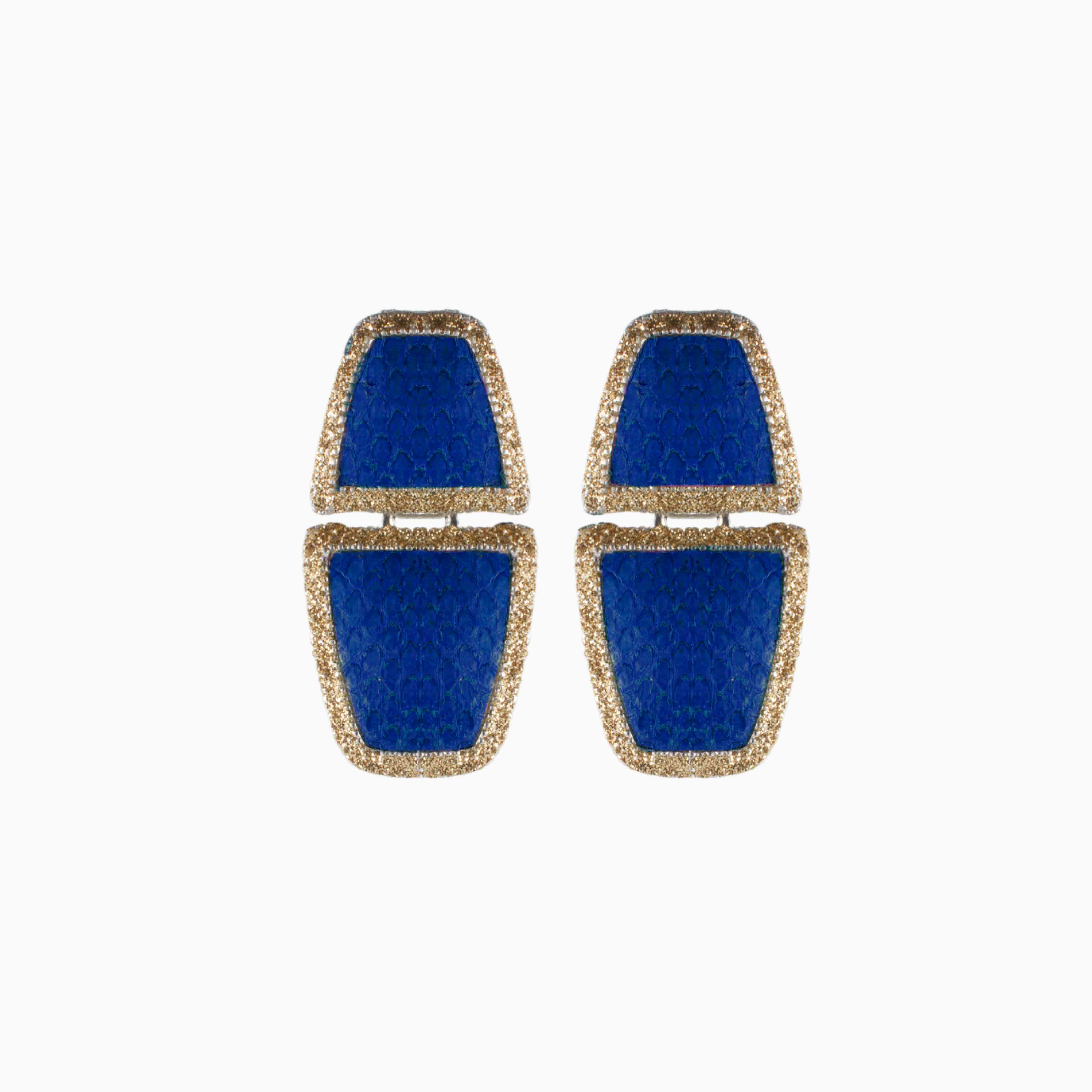 Pair of blue earrings with gold accents on a white background