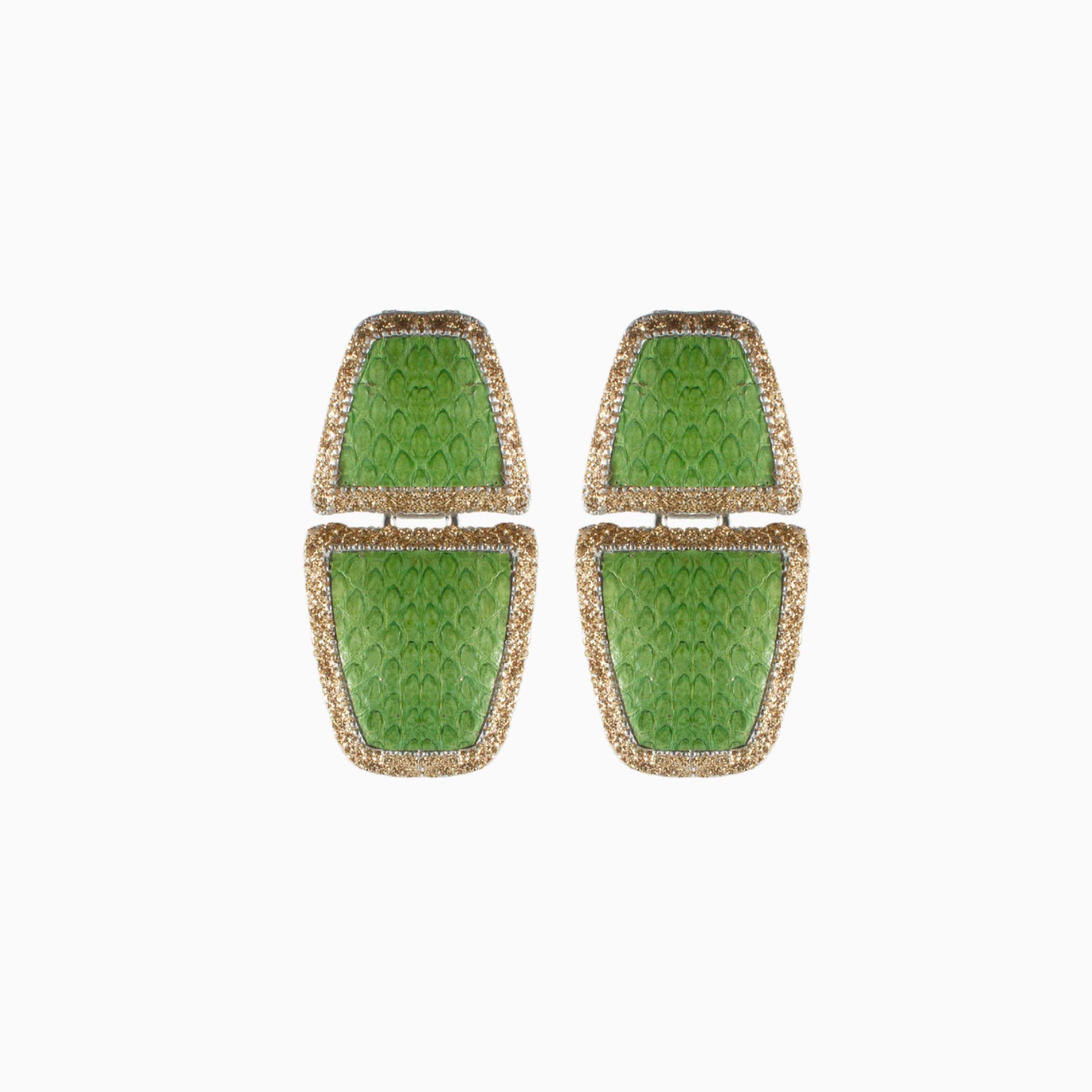 Pair of green earrings with gold accents on a white background