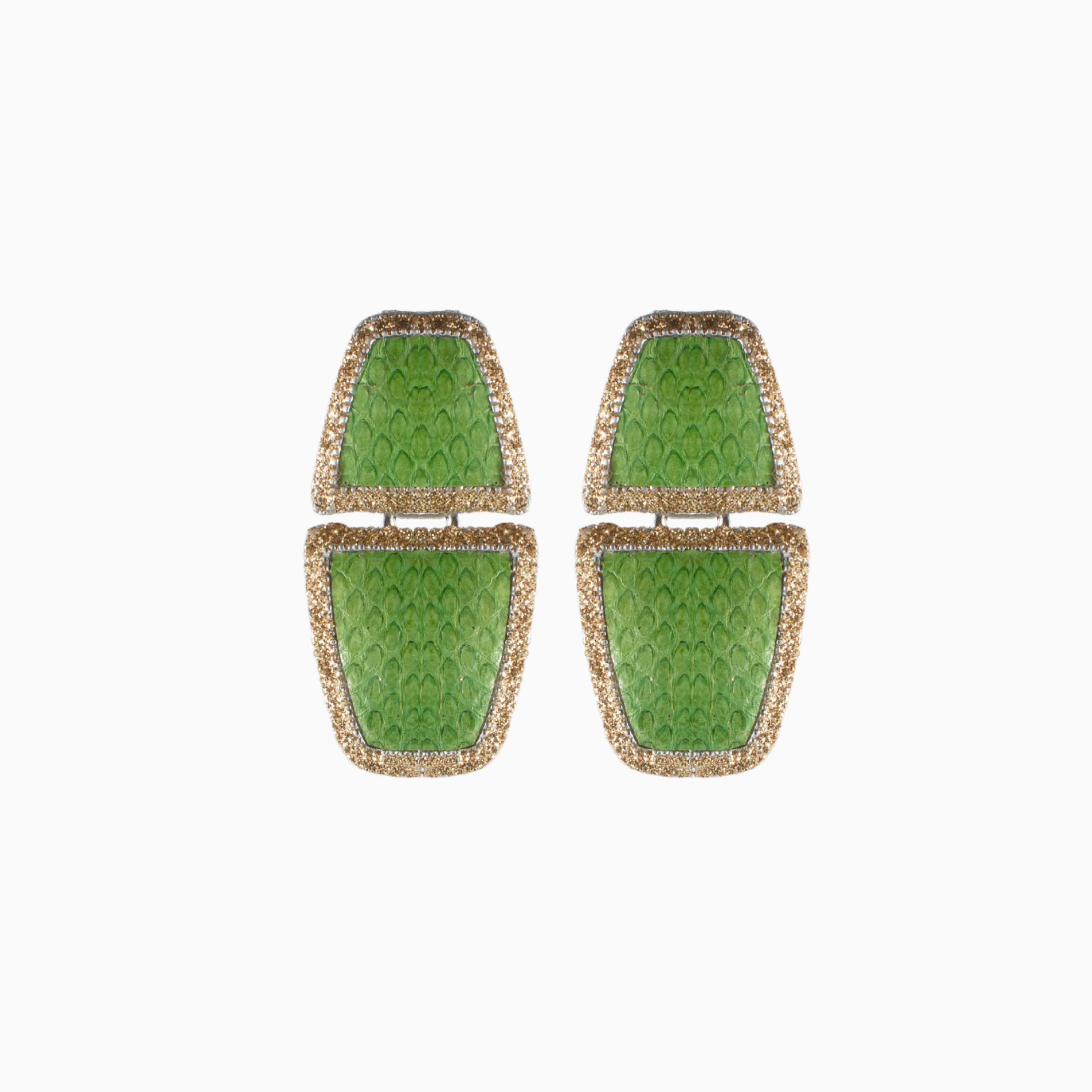 Pair of green earrings with gold accents on a white background