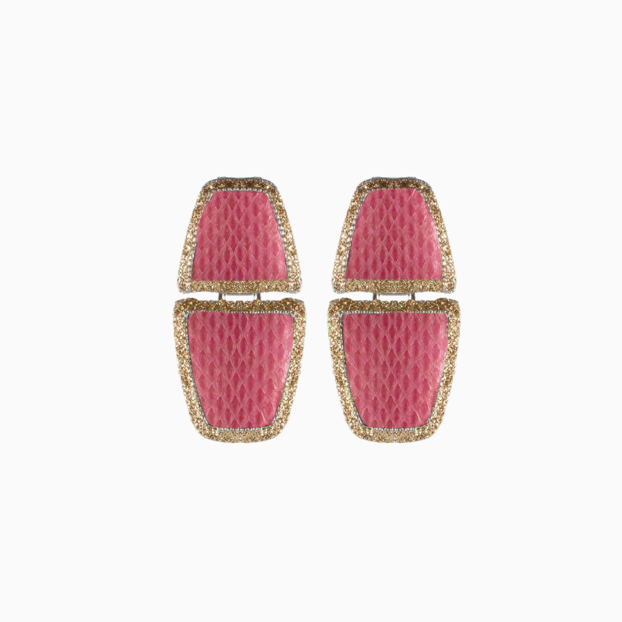 Pair of pink earrings with gold accents on a white background