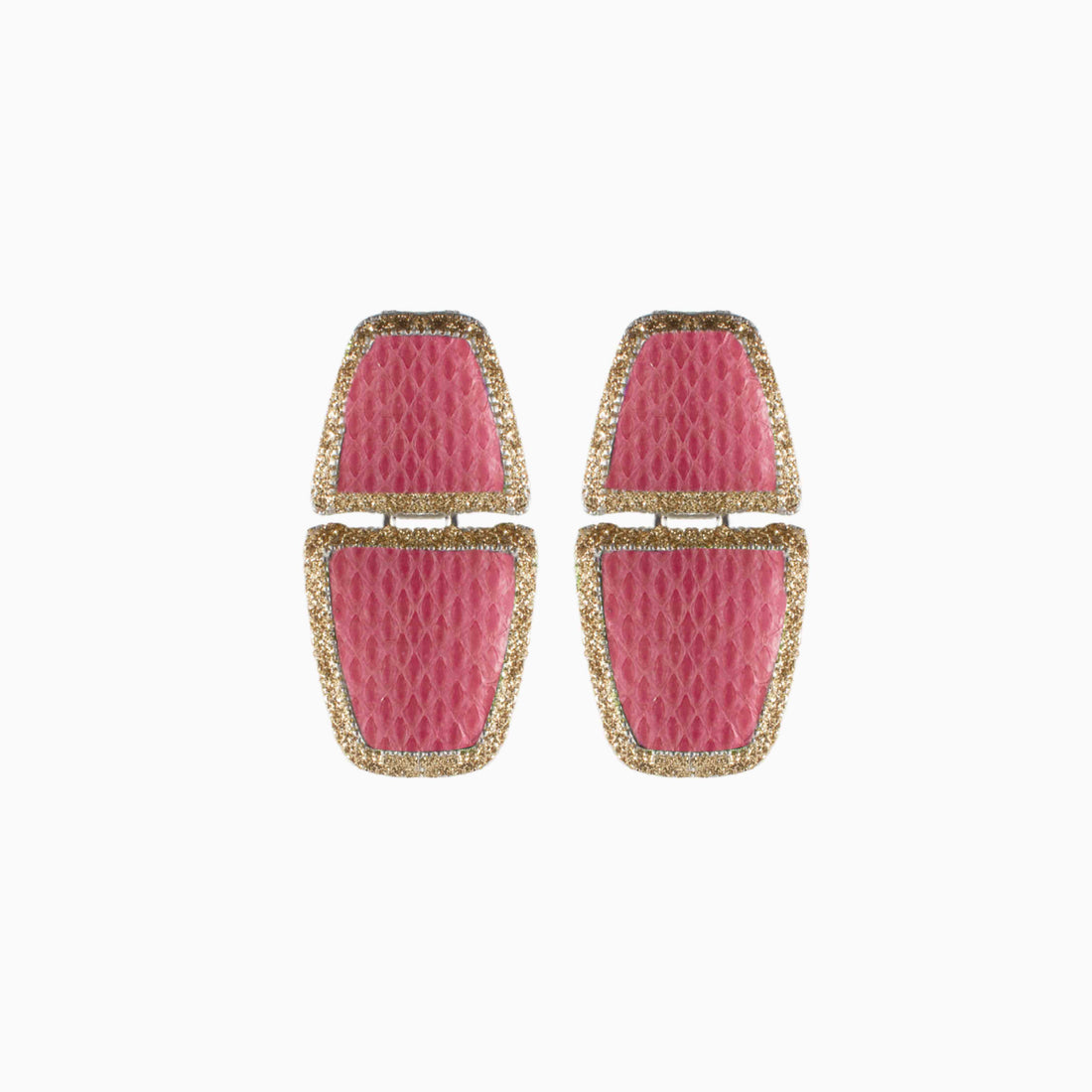 Pair of pink earrings with gold accents on a white background