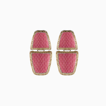 Pair of pink earrings with gold accents on a white background