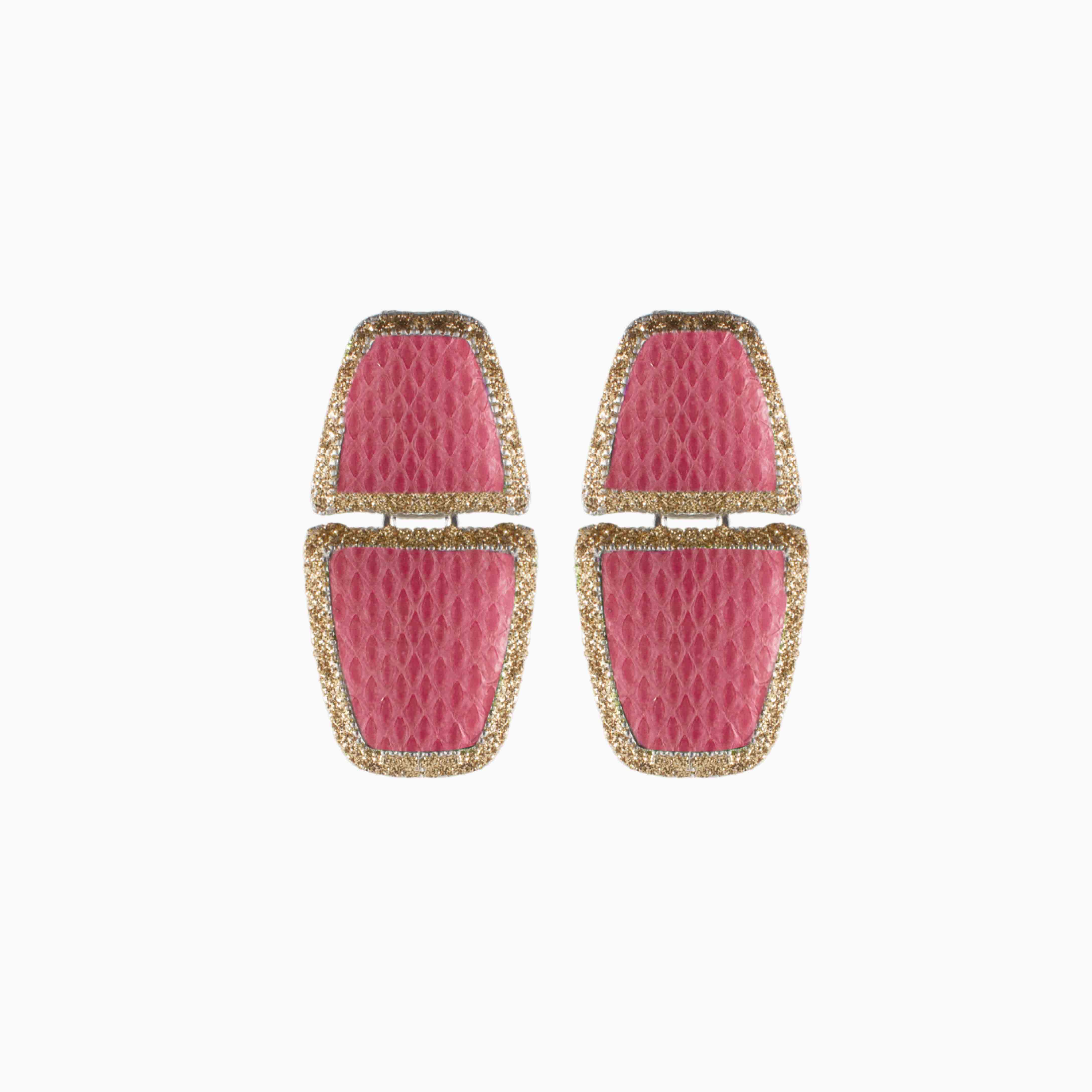 Pair of pink earrings with gold accents on a white background
