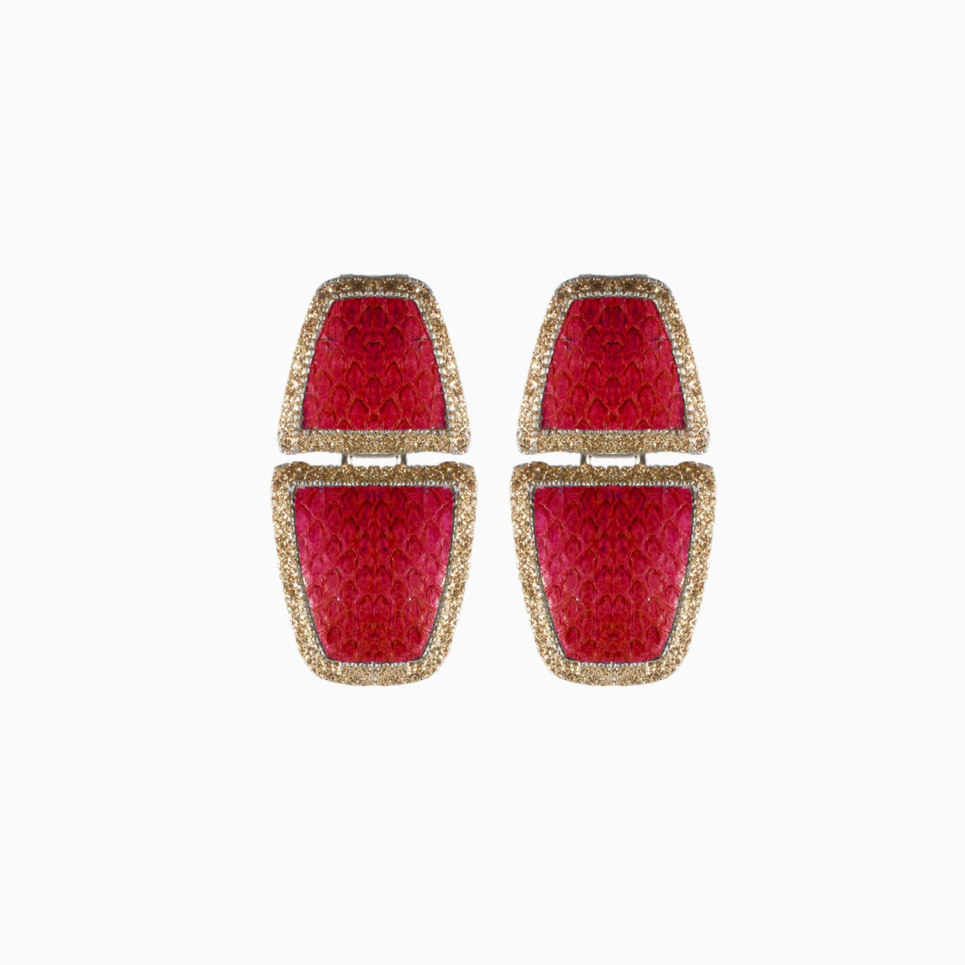 Pair of red earrings with gold accents on a white background