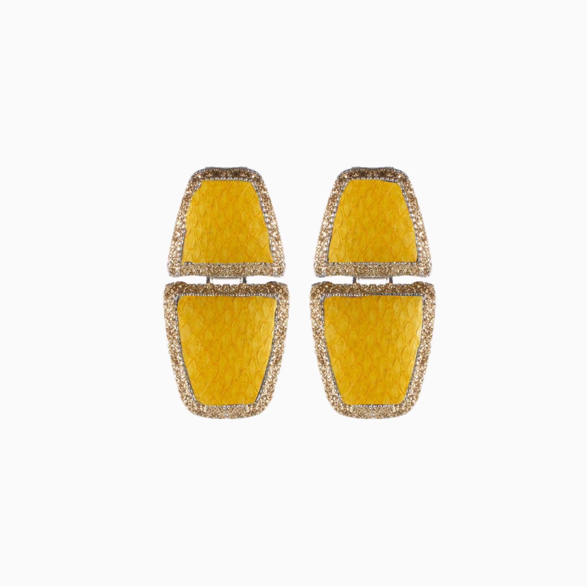 Pair of yellow earrings with gold accents on a white background