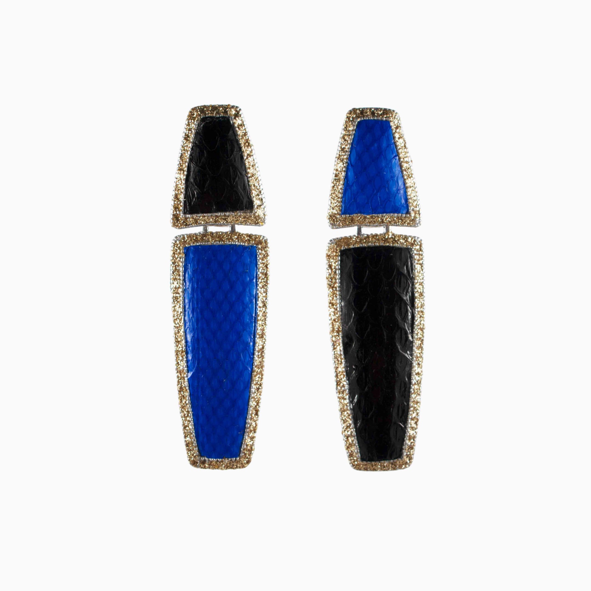 Pair of earrings with blue and black stones on a white background