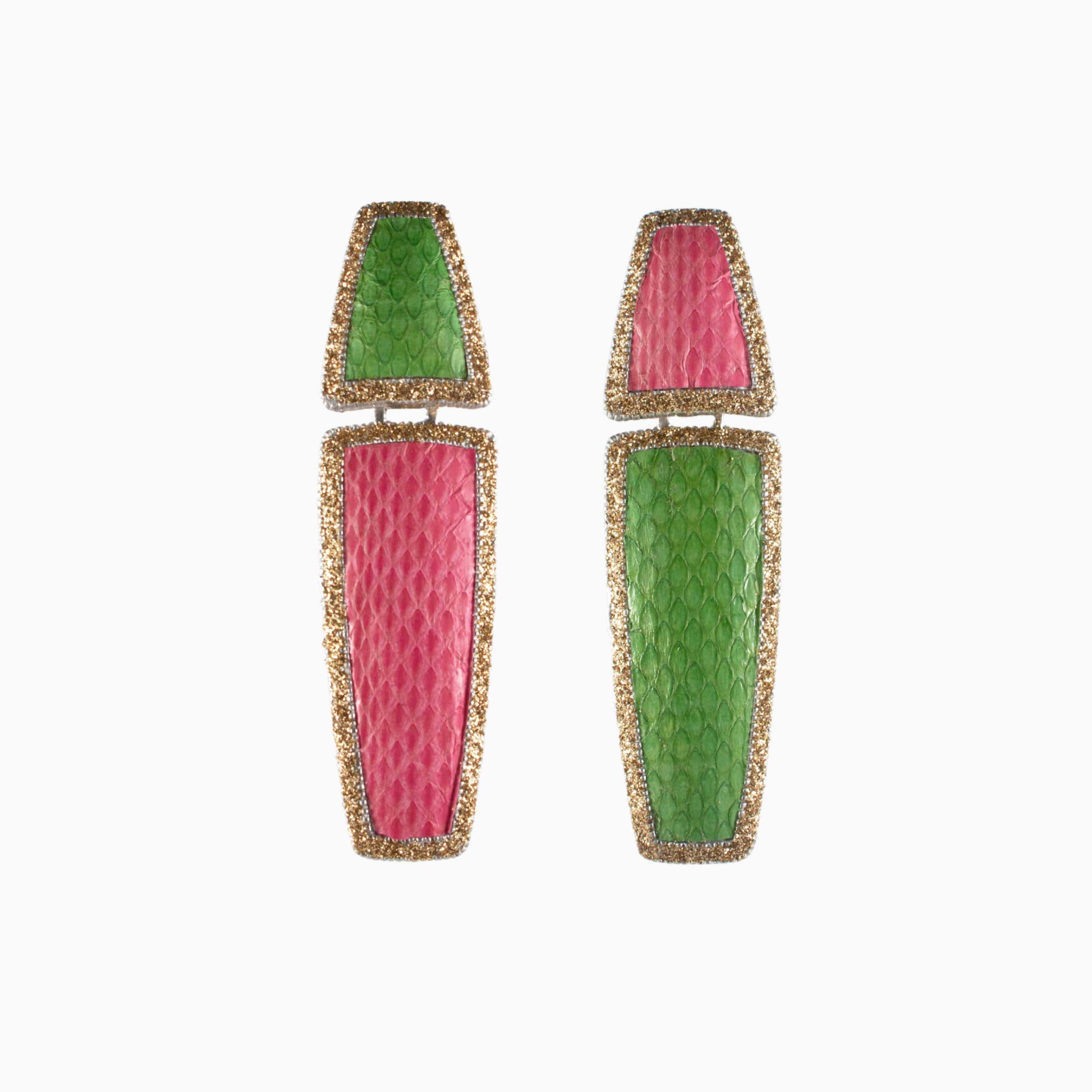 Pair of earrings with pink and green rectangular designs on a white background