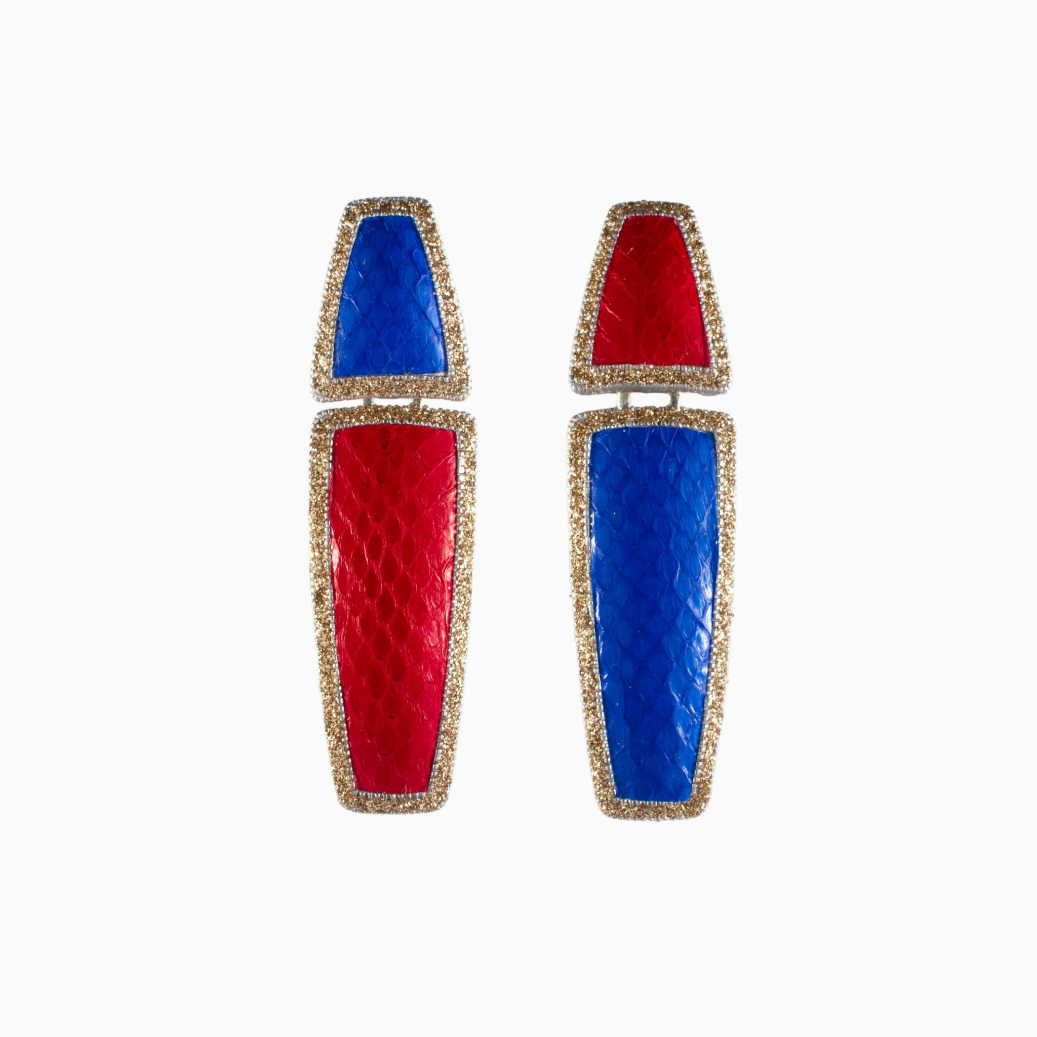 Pair of earrings with red and blue rectangular stones on a white background