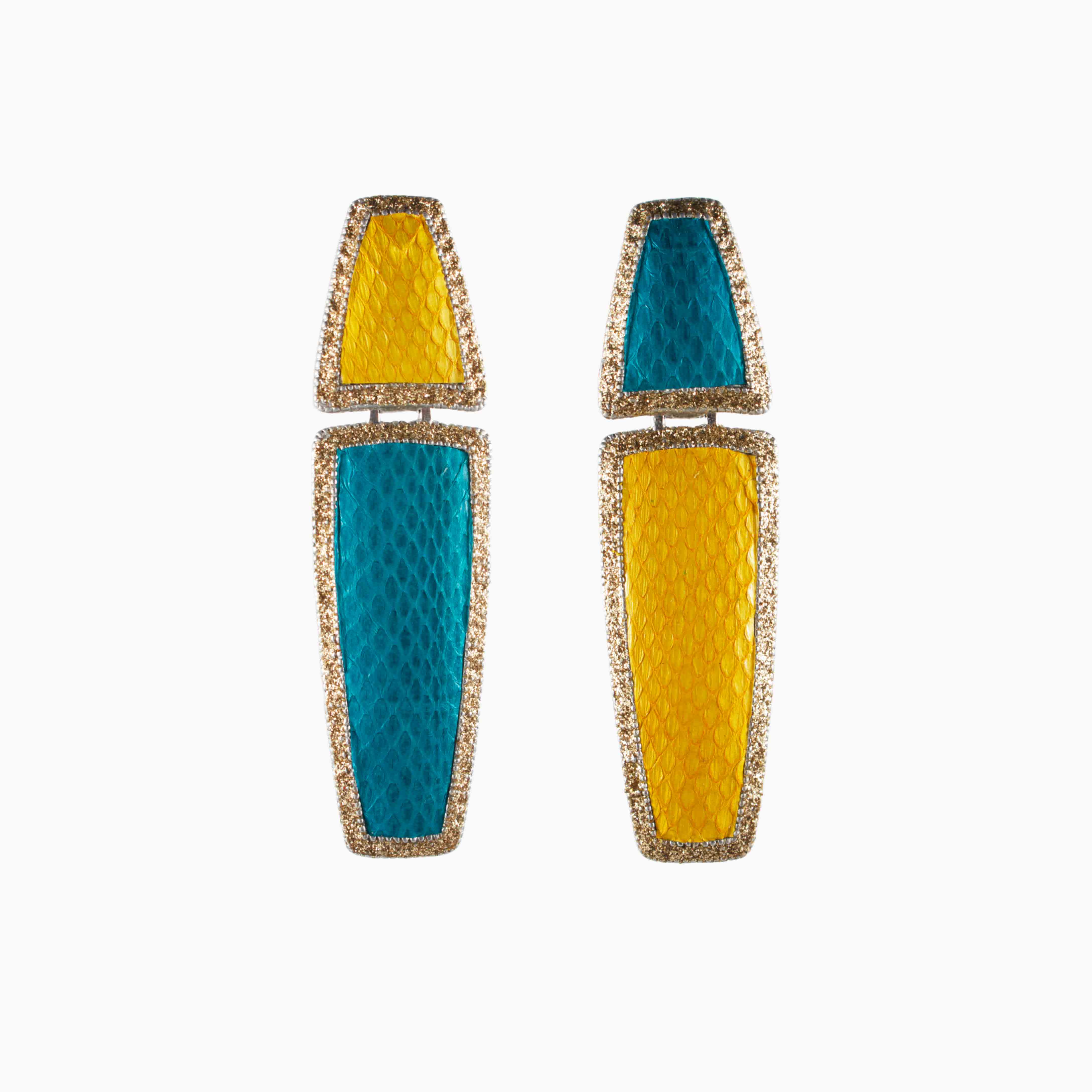 Pair of earrings with blue and yellow rectangular designs on a white background