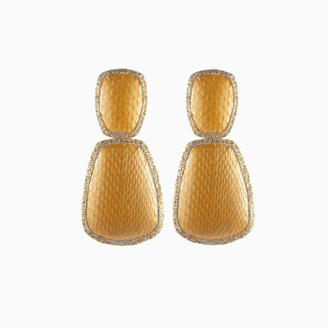 Pink earrings with gold accents on a white background