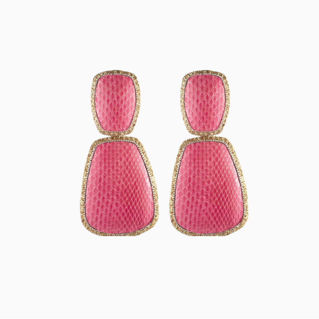 Pink earrings with gold accents on a white background