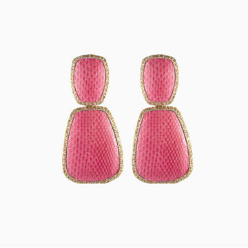 Pink earrings with gold accents on a white background