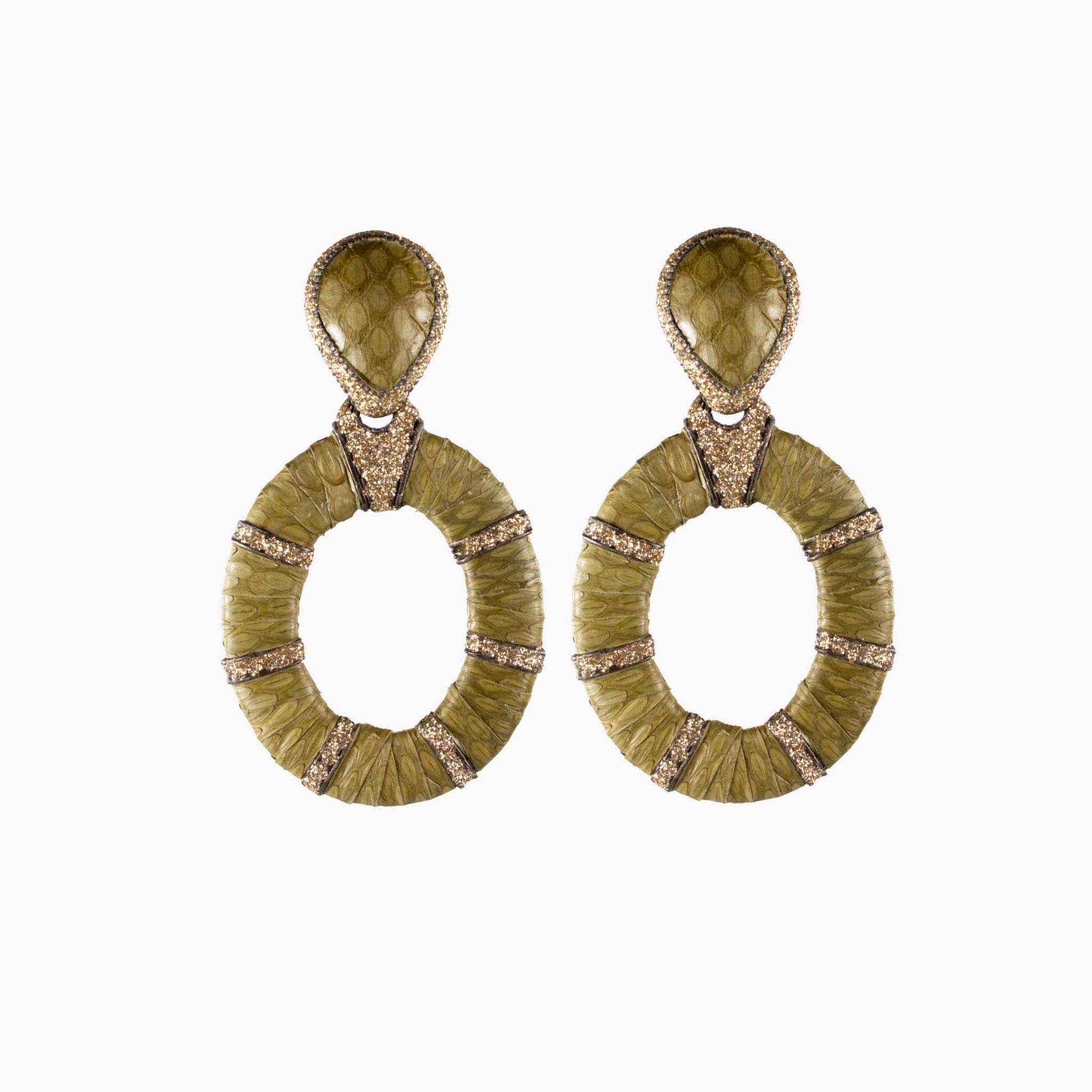 Pair of green earrings with gold accents on a white background