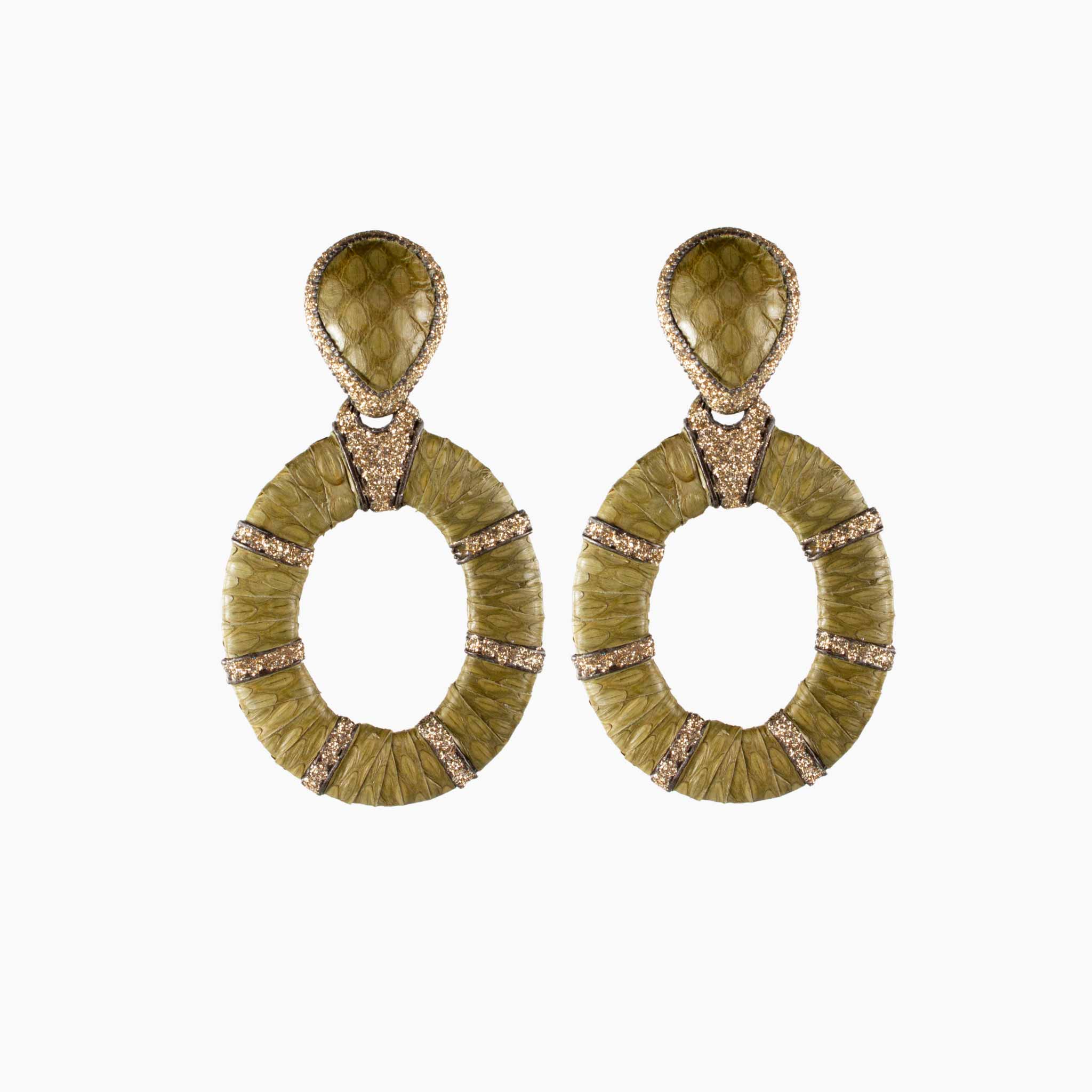Pair of green earrings with gold accents on a white background