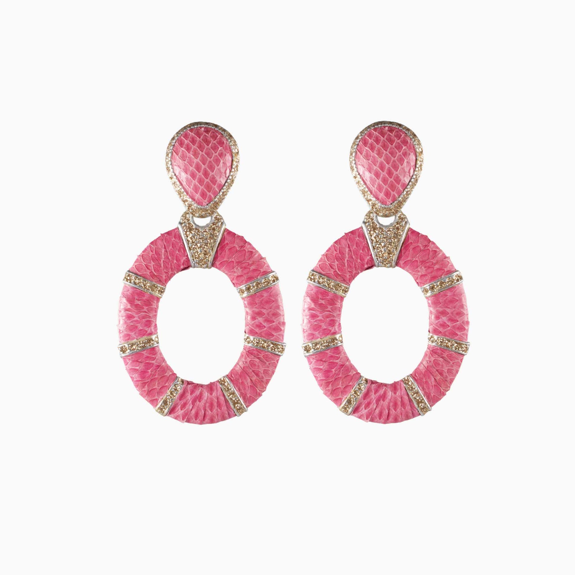 Pink oval earrings with gold accents on a white background