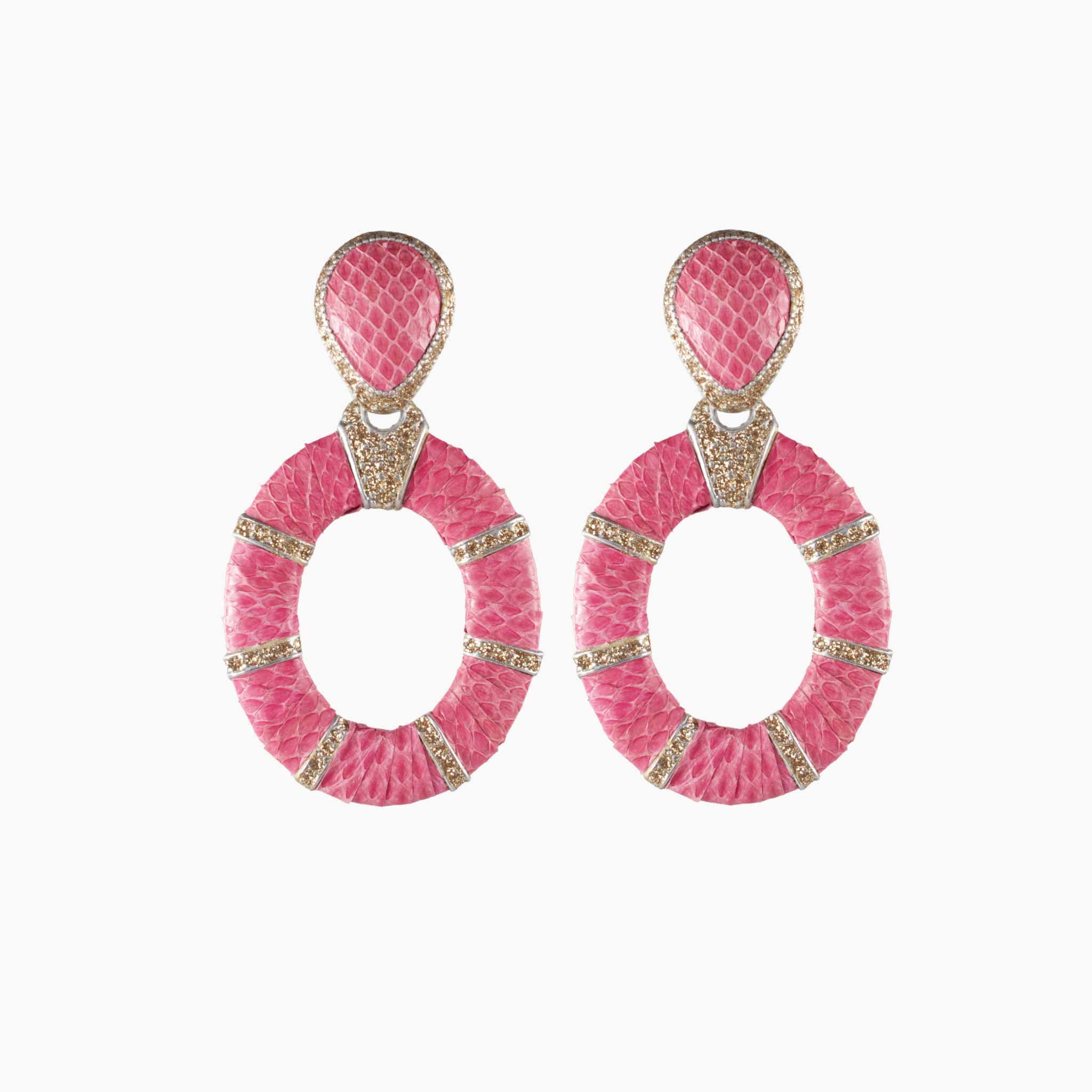 Pink oval earrings with gold accents on a white background
