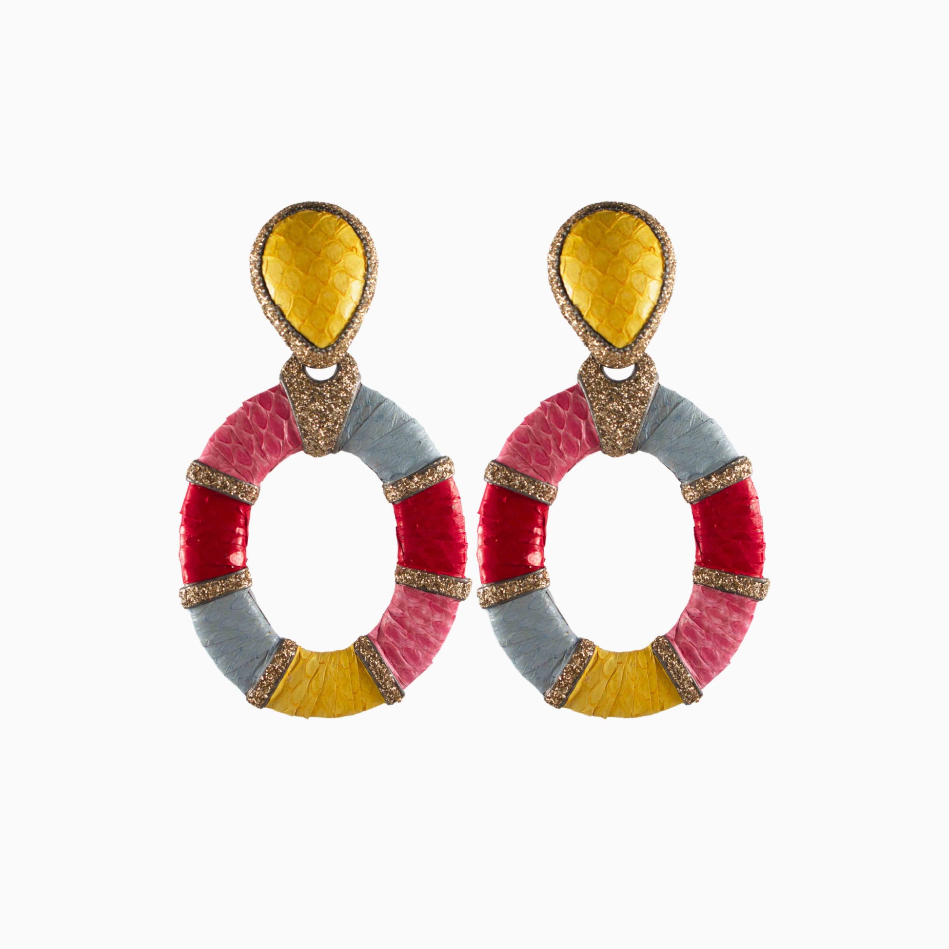 Colorful earrings with red, yellow, and gray design on a white background