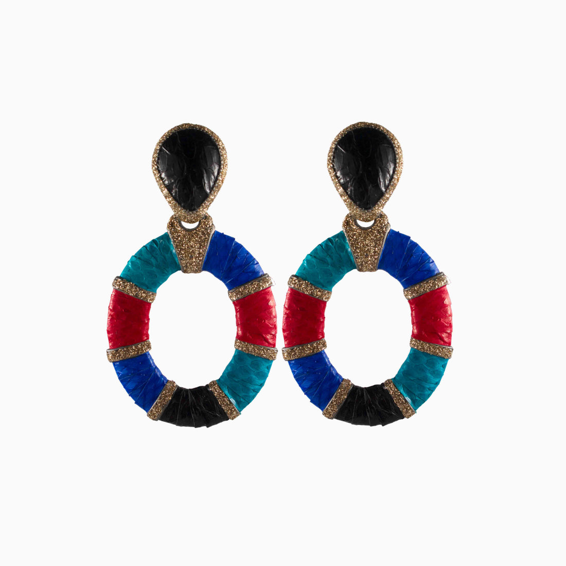Colorful circular earrings with blue teardrop tops on a white background