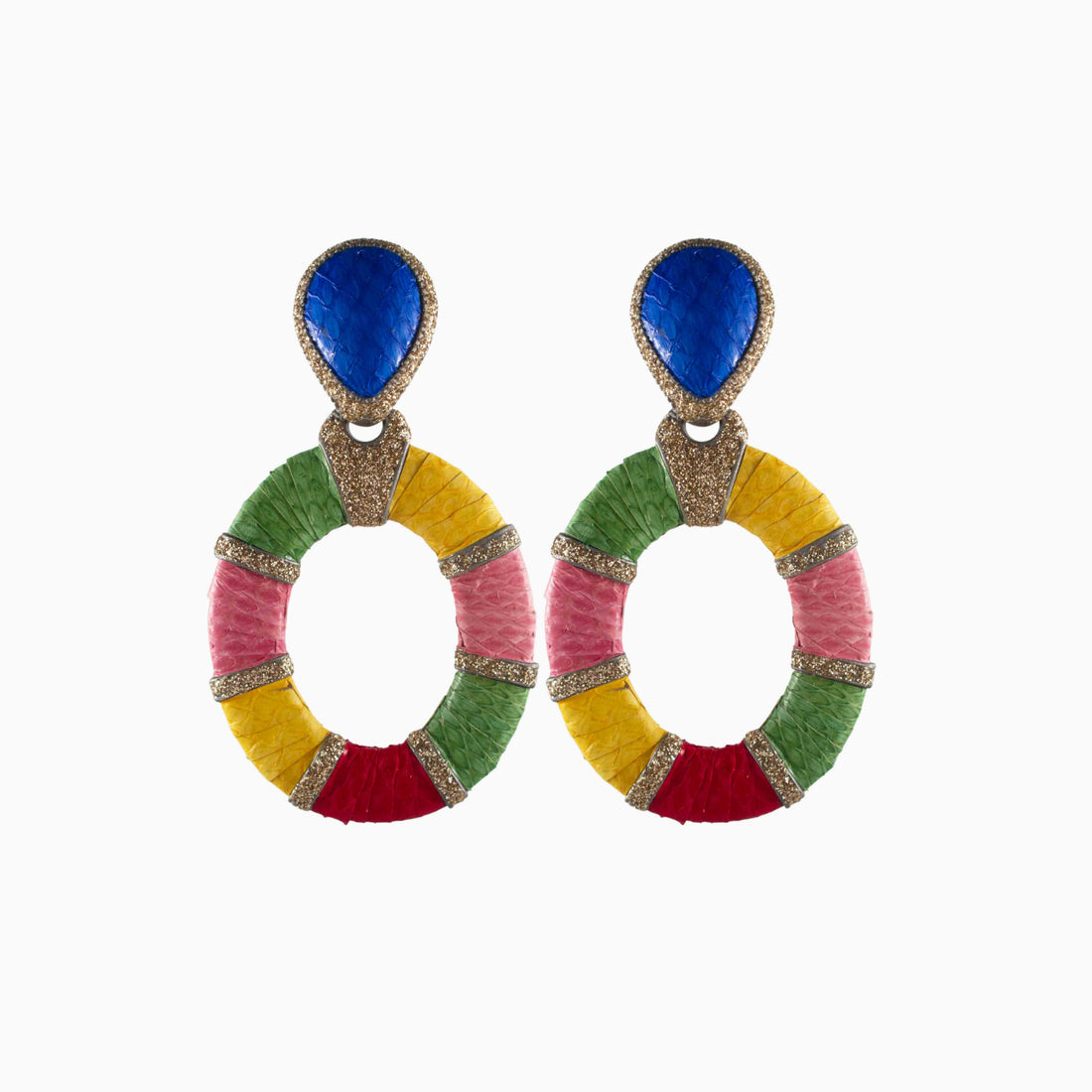 Colorful circular earrings with blue teardrop tops on a white background