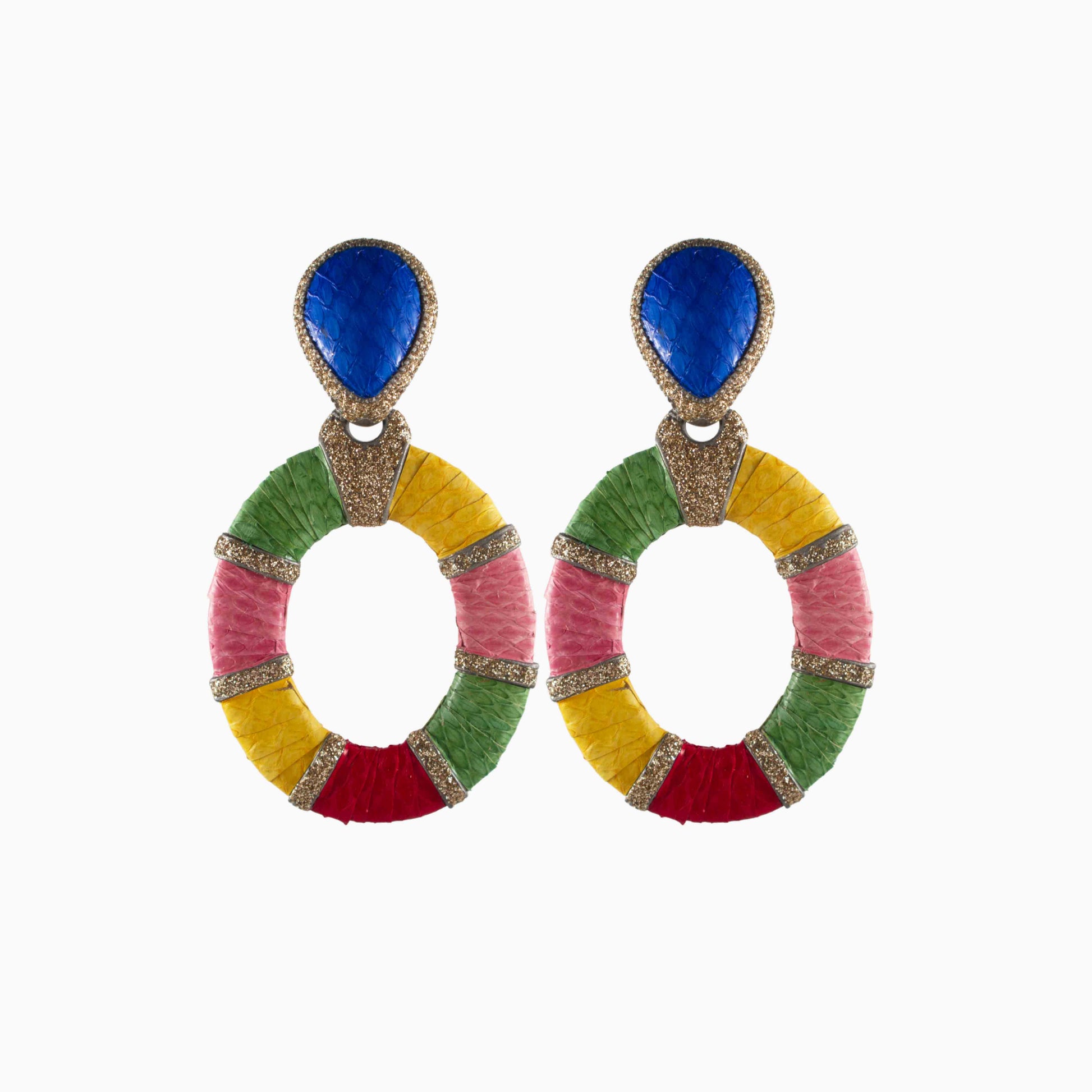 Colorful circular earrings with blue teardrop tops on a white background