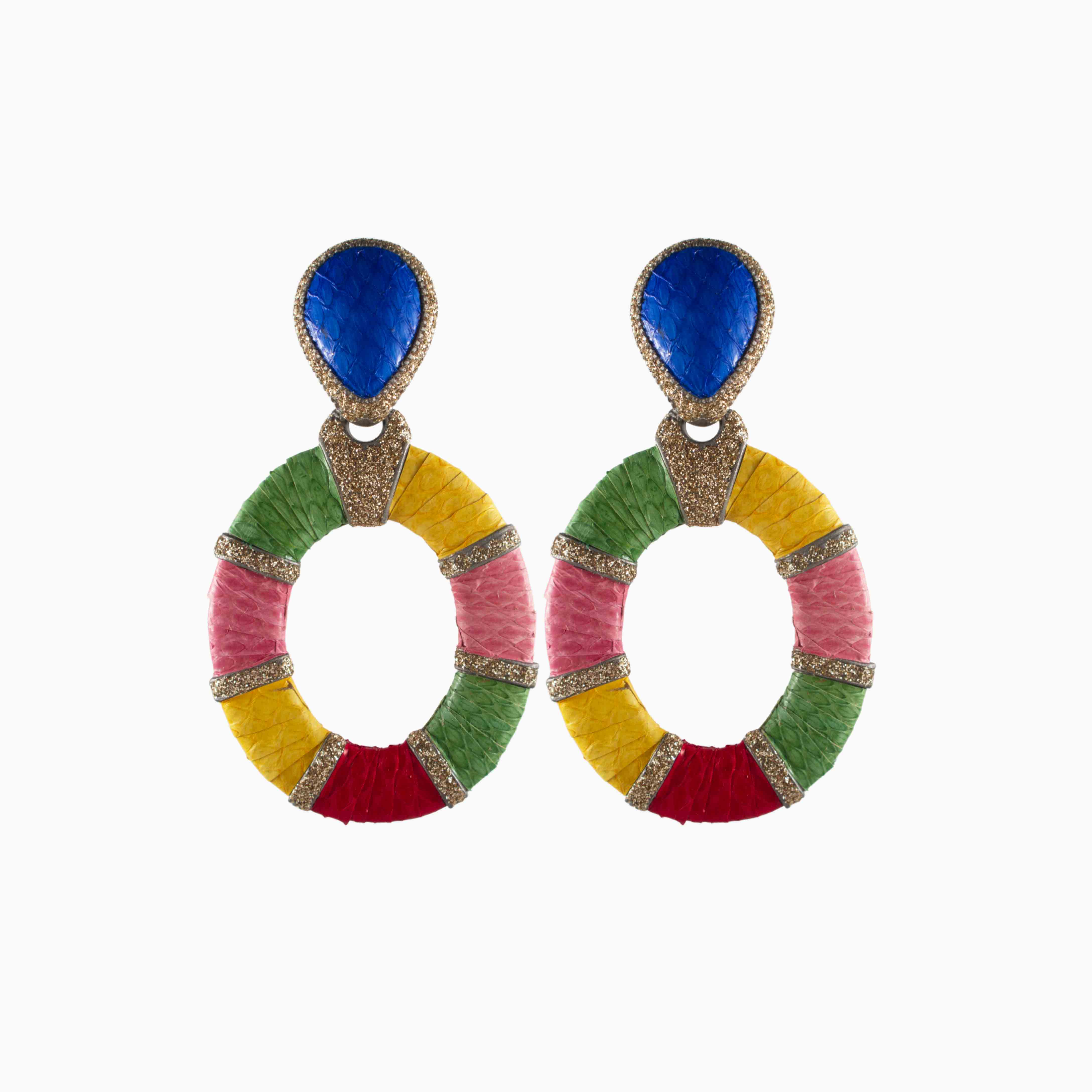 Colorful circular earrings with blue teardrop tops on a white background