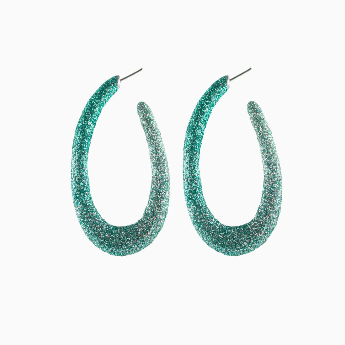 Pair of glittery hoop earrings on a white background