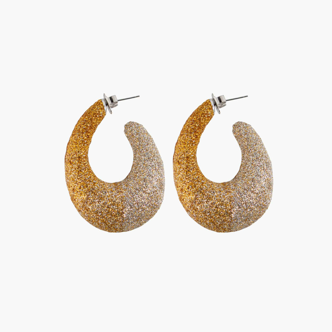 Black glittery hoop earrings on a white background